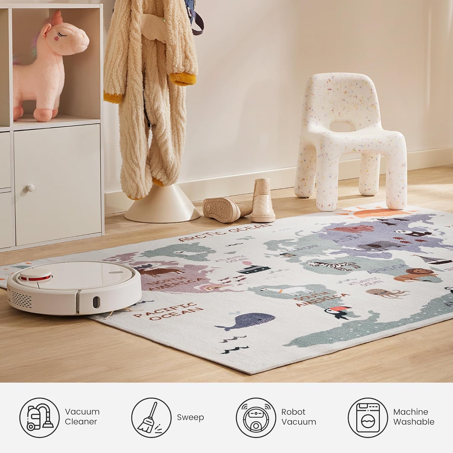 Machine Washable Non Slip Kids Rugs for Living Room & Bedroom - Animal Map