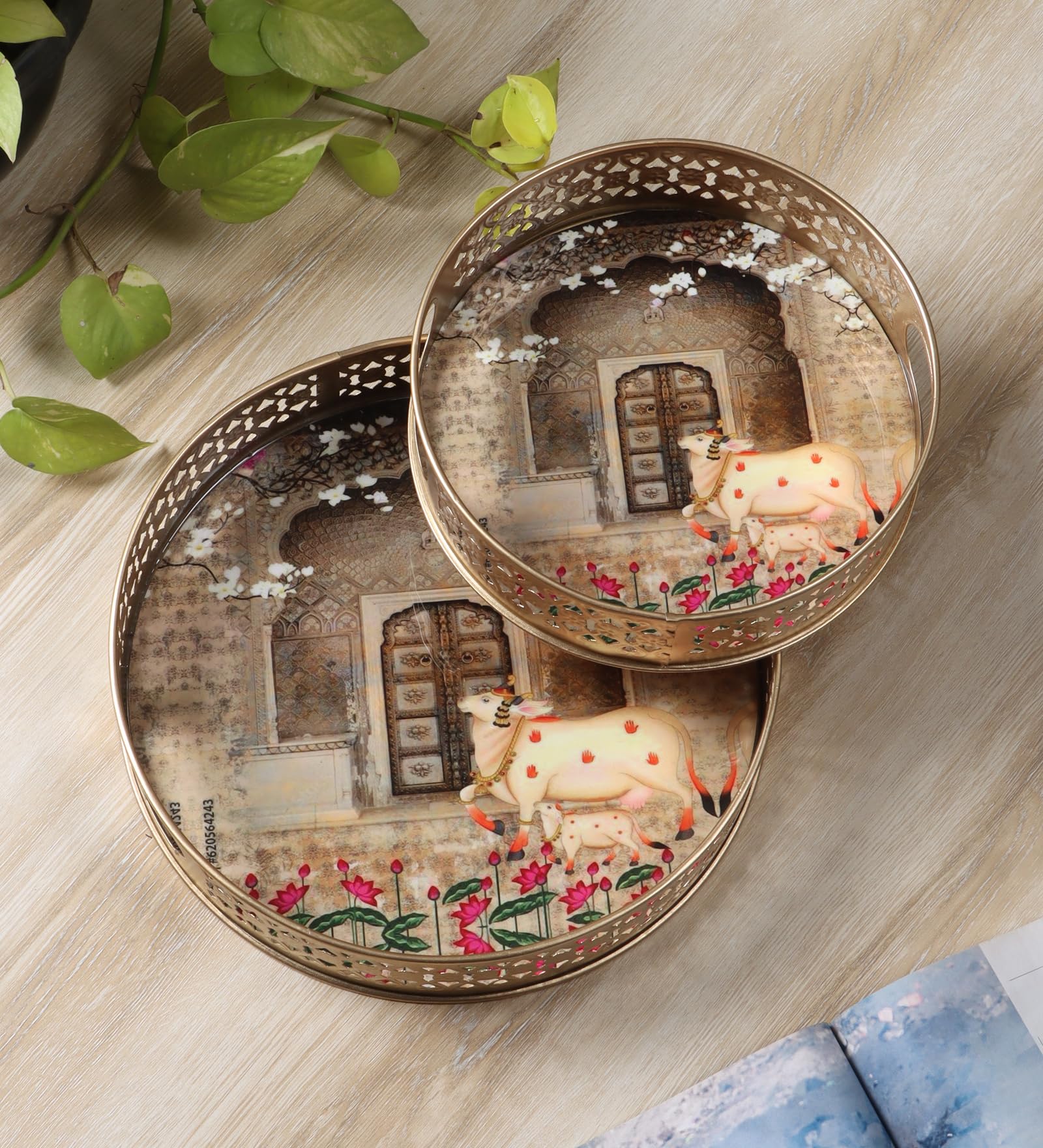 Two Moustaches Indian Traditional Design Serving Trays Set (8 Inches & 10 Inches), Serving Trays For Home Decor, Platters For Te