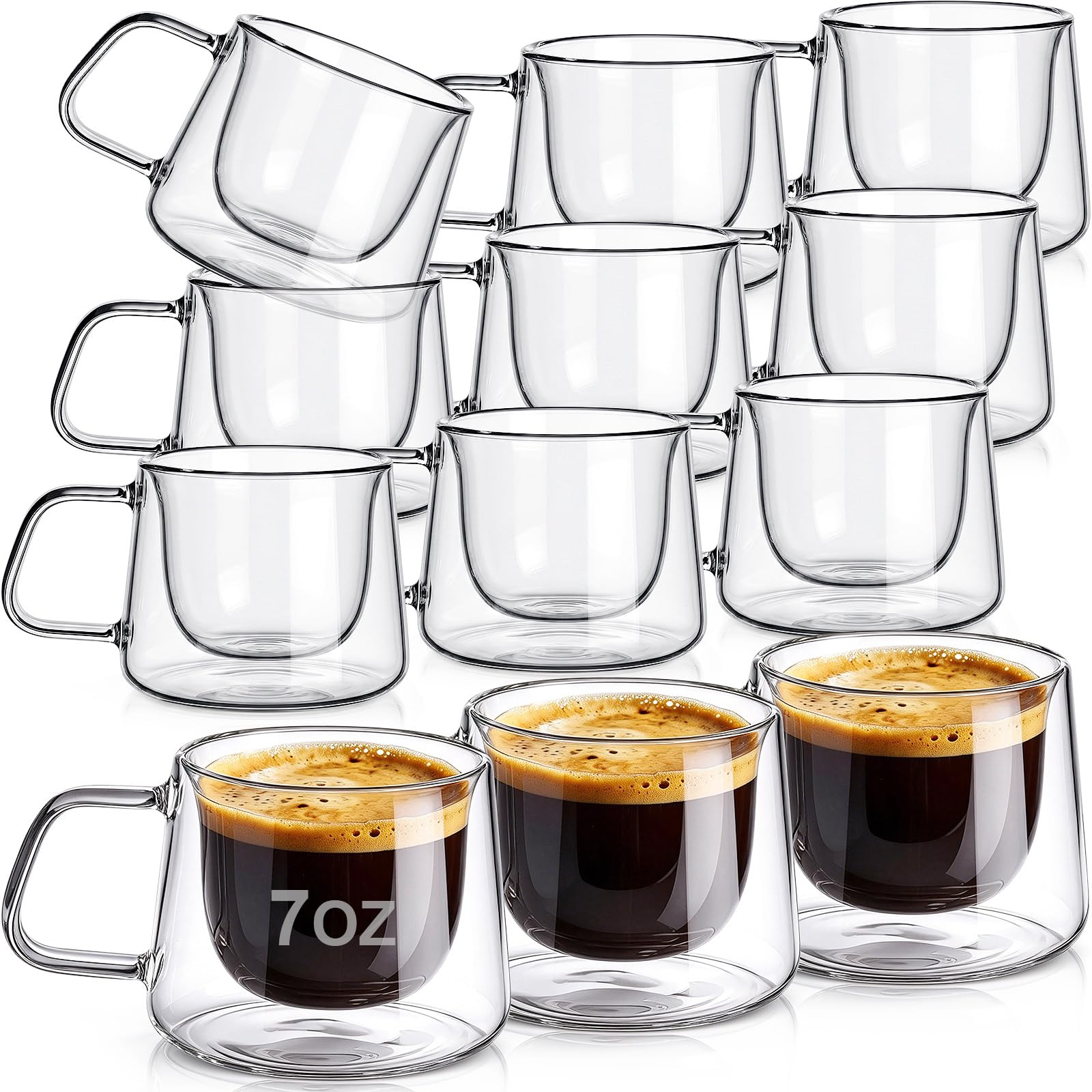 Singhoow 12 Pack 7 oz Double Wall Espresso Cups Insulated Glass Coffee Mugs