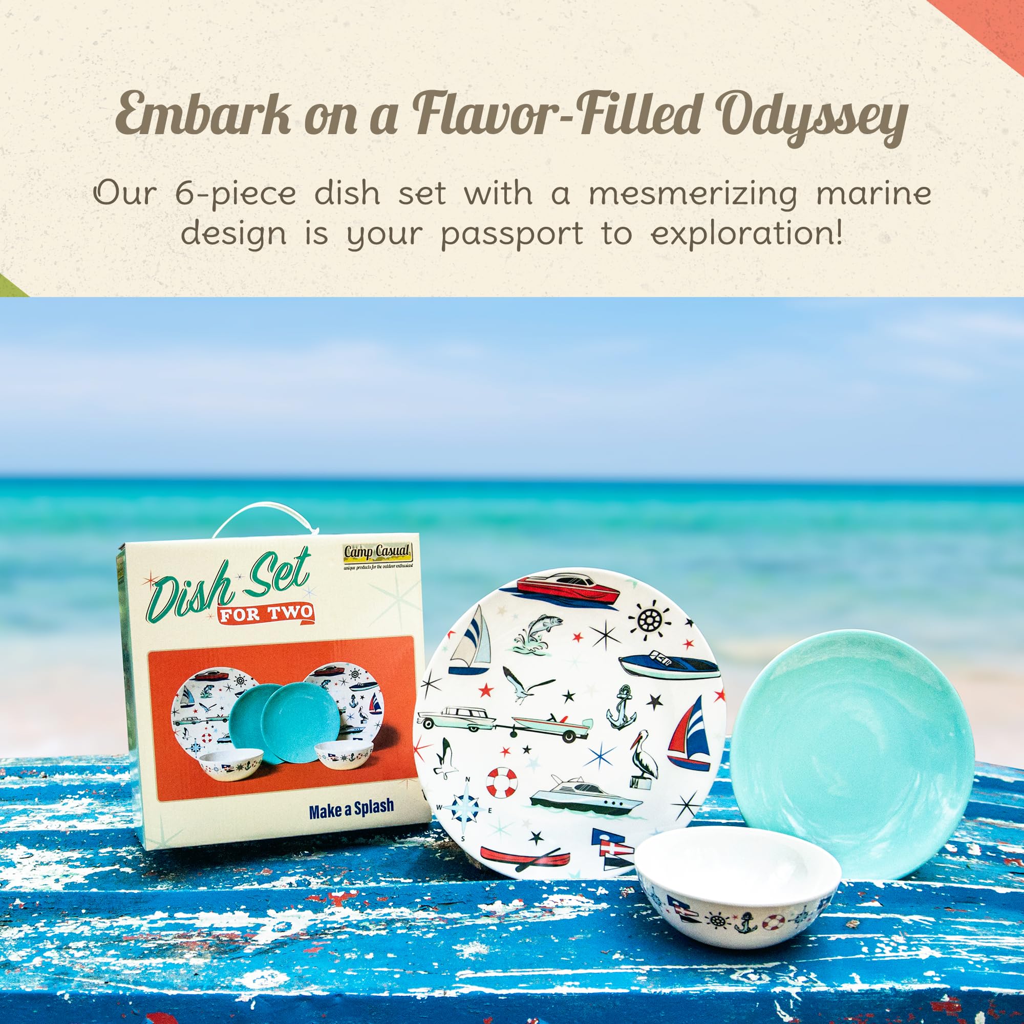 Melamine Dinnerware Sets - 6-pc Marine Dish Set - 2 Bowls, 2 Salad & 2 Dinner Melamine Plates for Indoor & Outdoor - BPA Free, D
