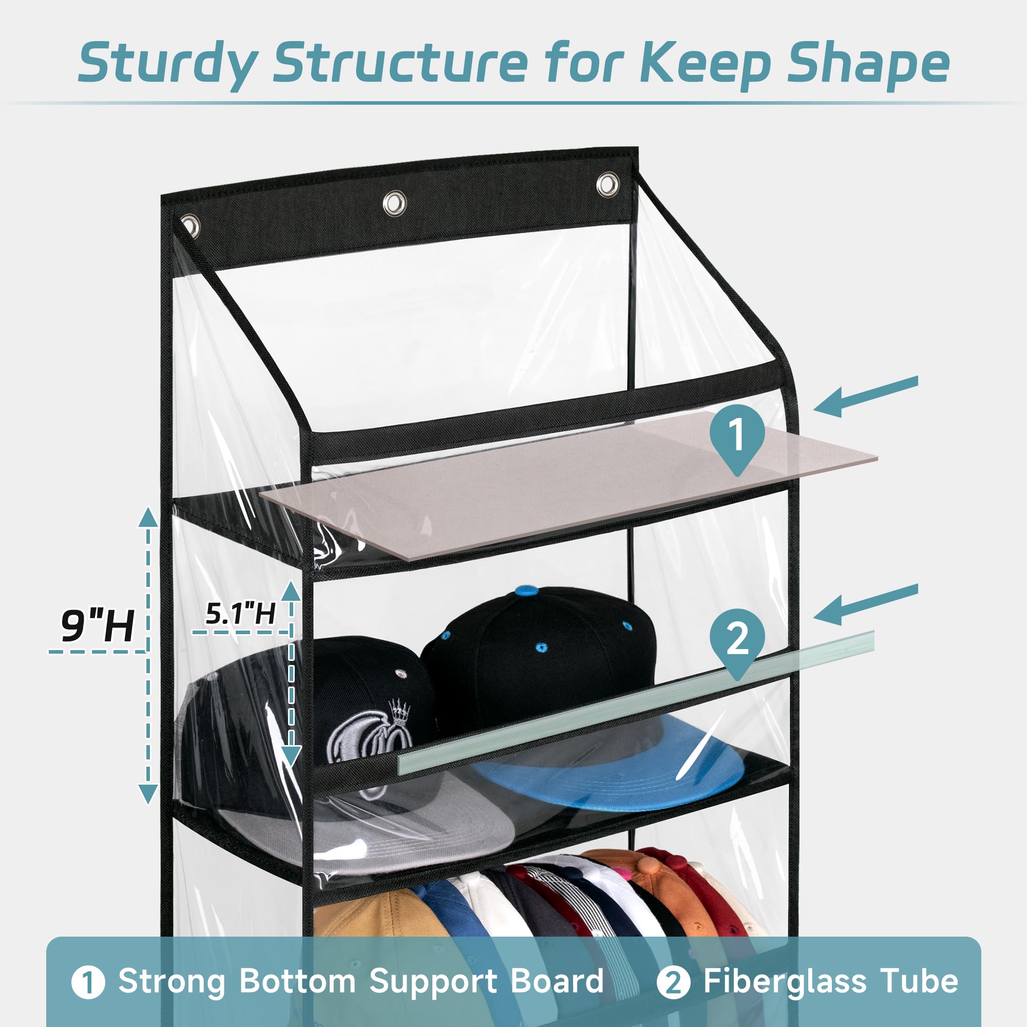 Aooda Clear Over The Door Hat Racks For Baseball Caps, Hold 48 Caps Hat Storage Organizer For Closet Wall, Deep Pockets Hanging