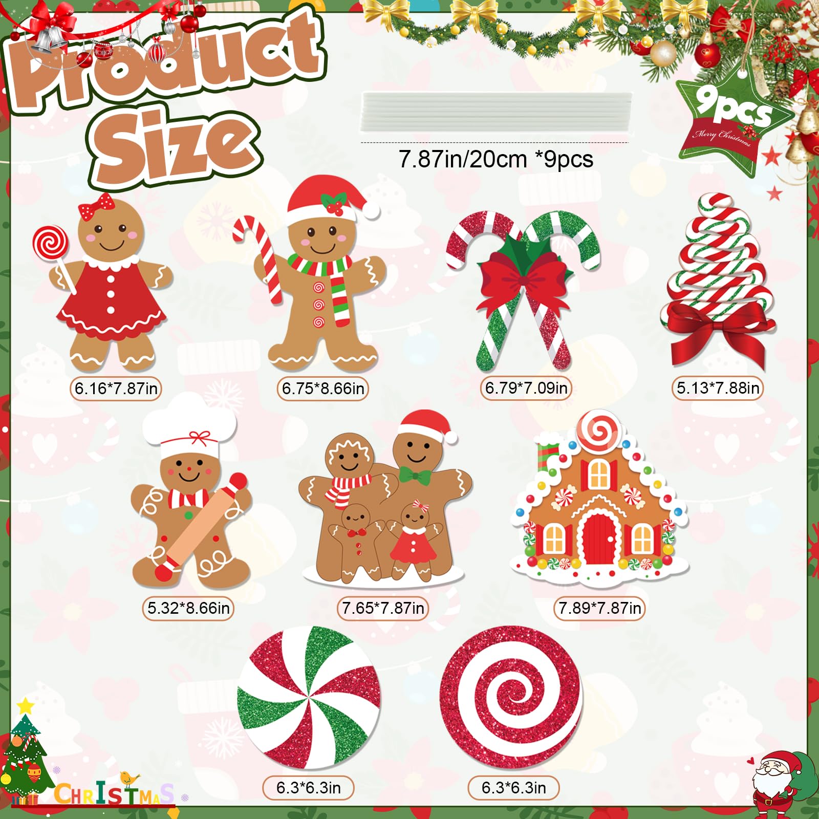 9Pcs Gingerbread Christmas Decorations Plastic Gingerbread Man House Tree Picks and Candy Cane Lollipop Tree Toppers for Holiday