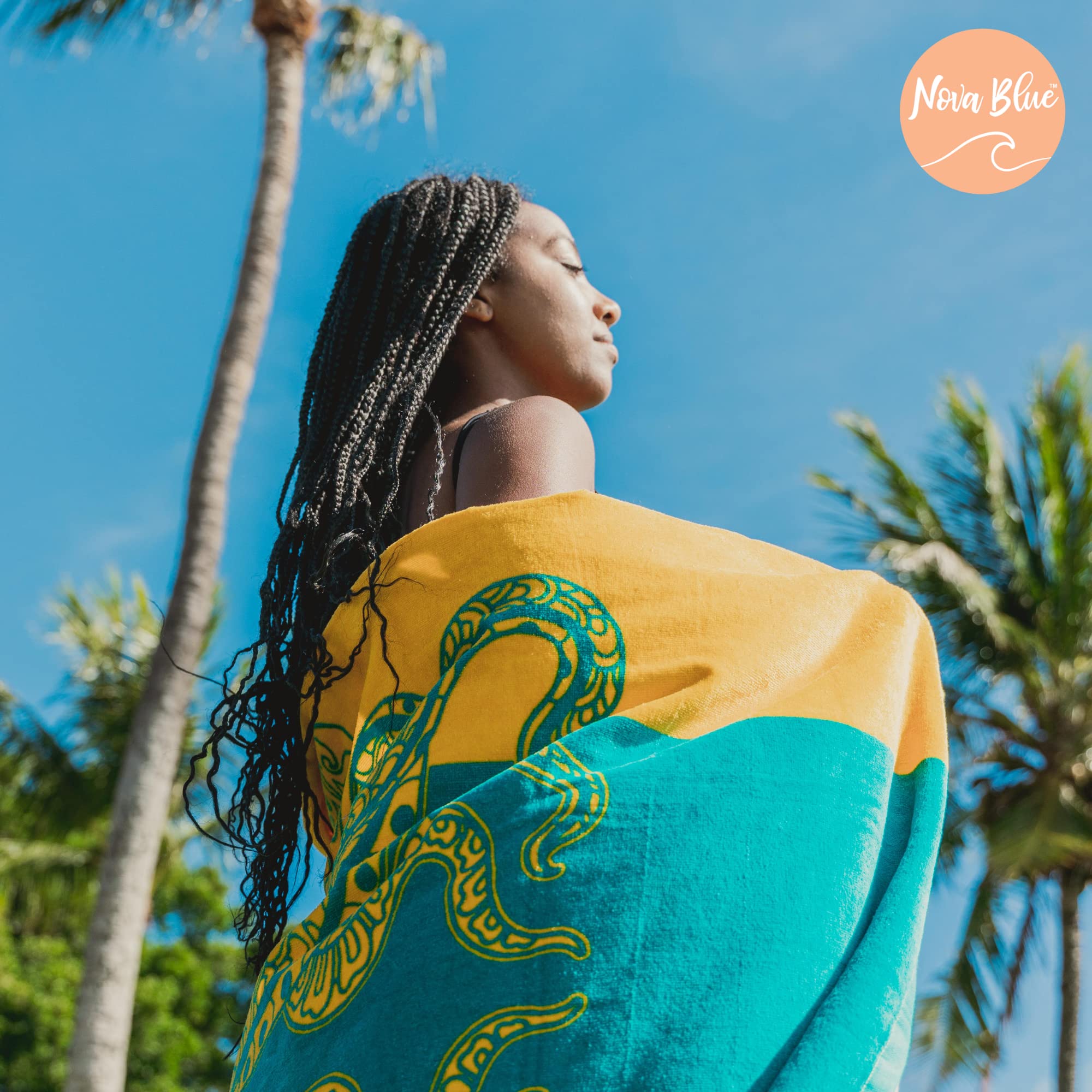 Nova Blue Octopus Beach Towel (34 X 63) - Orange & Teal Colorway With Tropical Design Travel Beach Towel Made From 100% Cotton -
