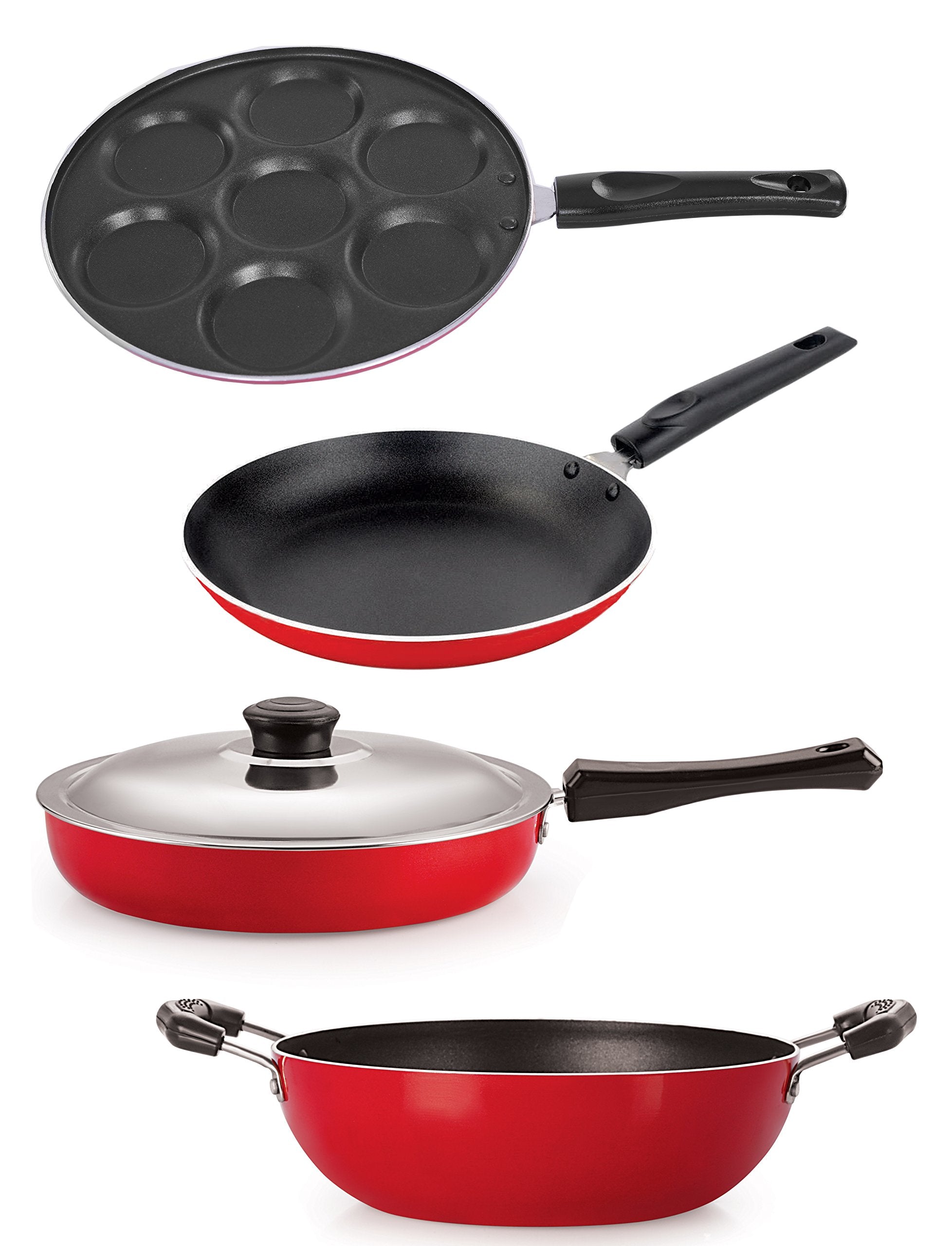Nirlon Non Stick 4 Piece Tawa Fry Pan And Kadhai Combo Set Aluminium Red & Black