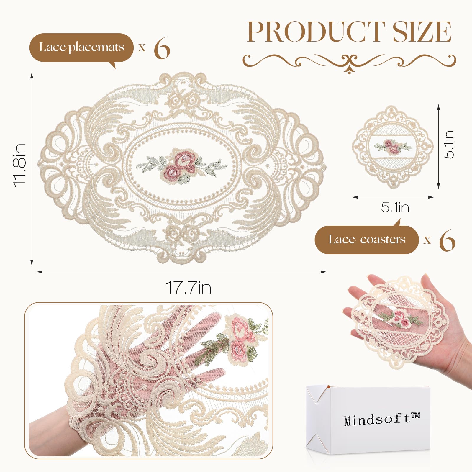 Mindsoft 12 Pcs Lace Placemats And Lace Coasters Vintage French Style Cloth Doilies Crochet Coasters Embroidered Lace Doilies Cu