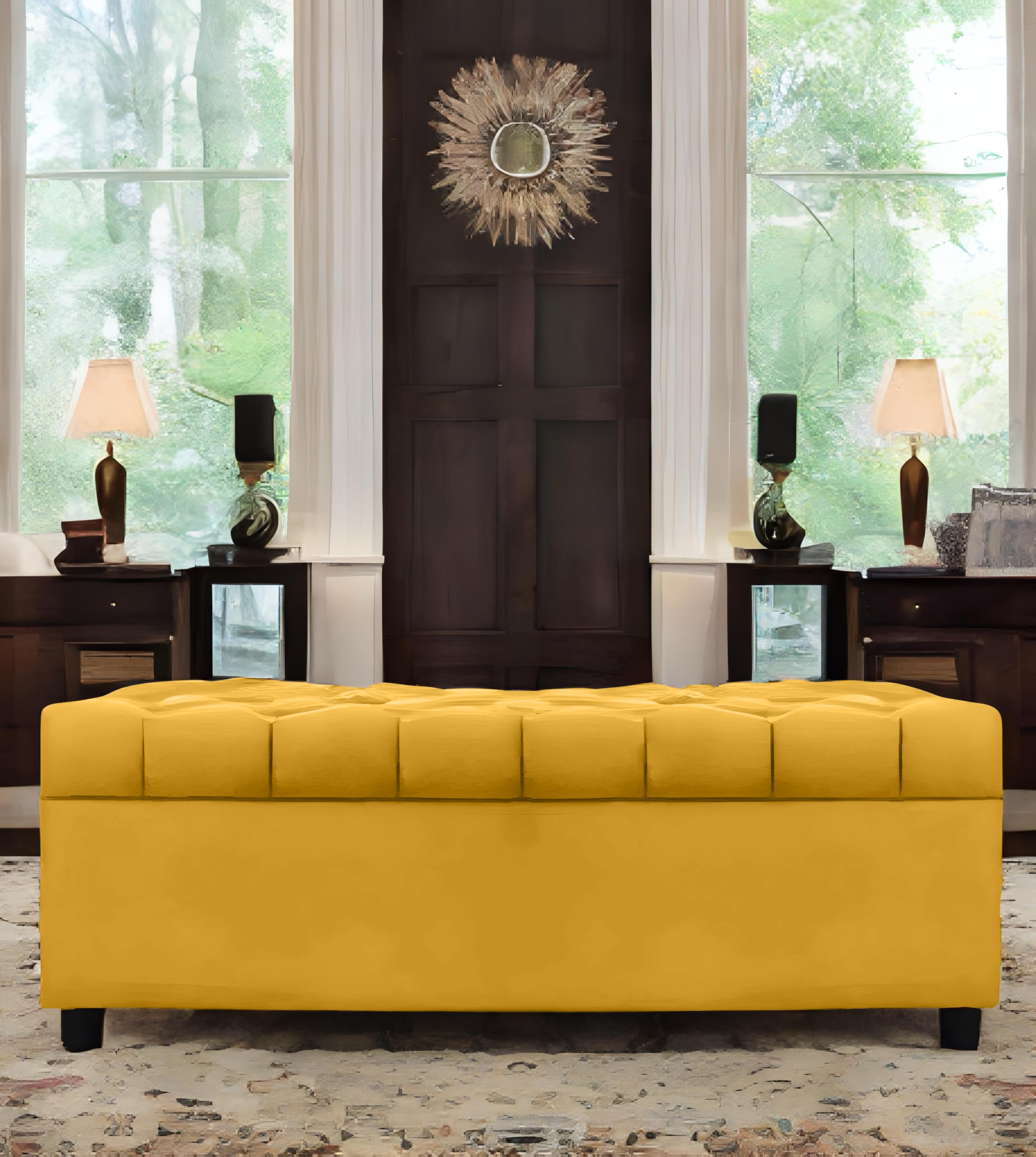 Amata Eagle Solid Wood 2 Seater Ottoman/Pouffe Yellow Suede Velvet Fabric Perfect For Home Living Office Room And Guests (Yellow