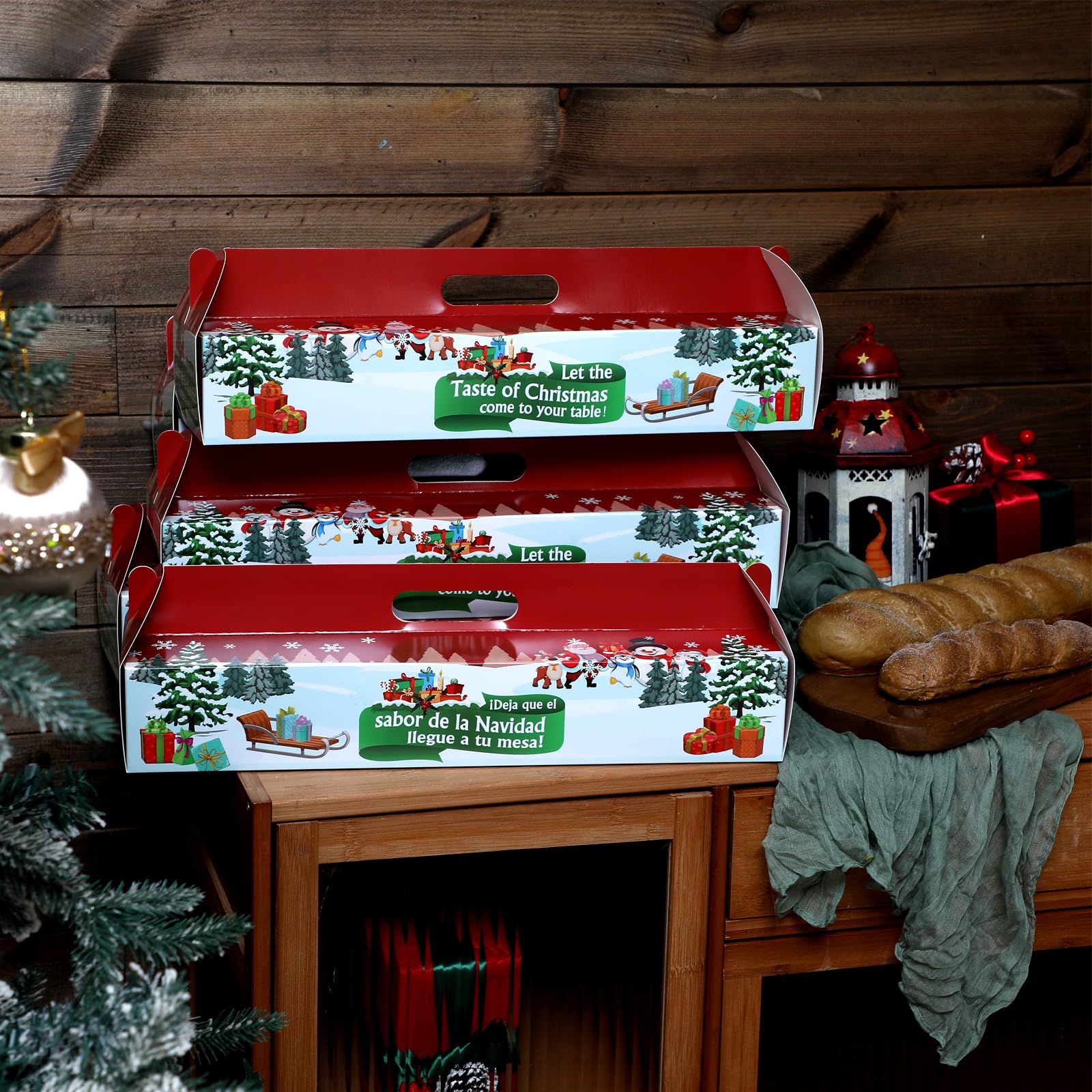 Cholemy 25 Pcs Christmas Ham Bread Boxes Containers 18 x 4.75 x 3 Paperboard Baking Bakery Box Bags for Homemade Bread Holiday P