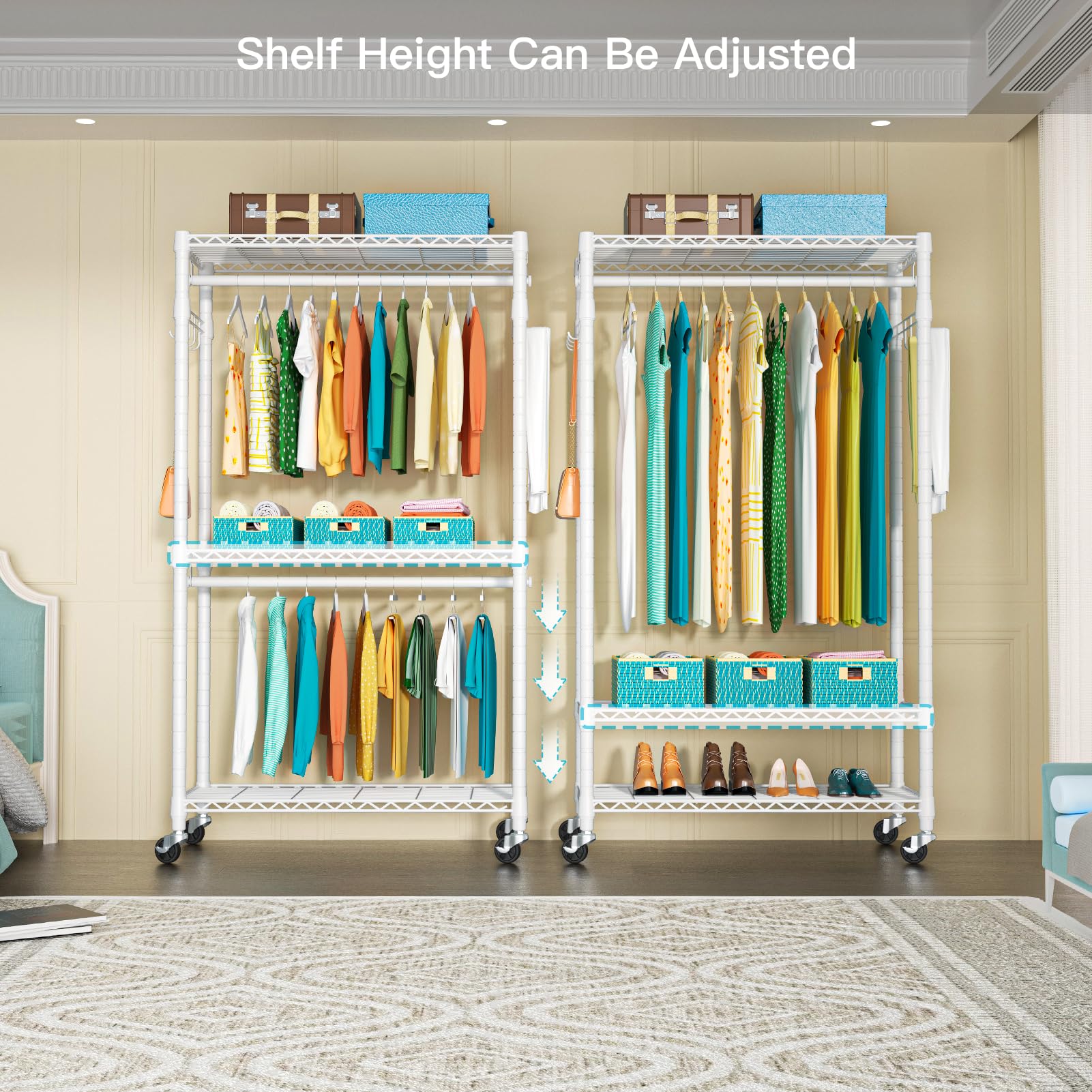 Futassi P1 Heavy Duty Garment Rack, 3 Tiers Adjustable Rolling Metal Closet Organizer With Lockable Wheels, Freestanding Wardrob
