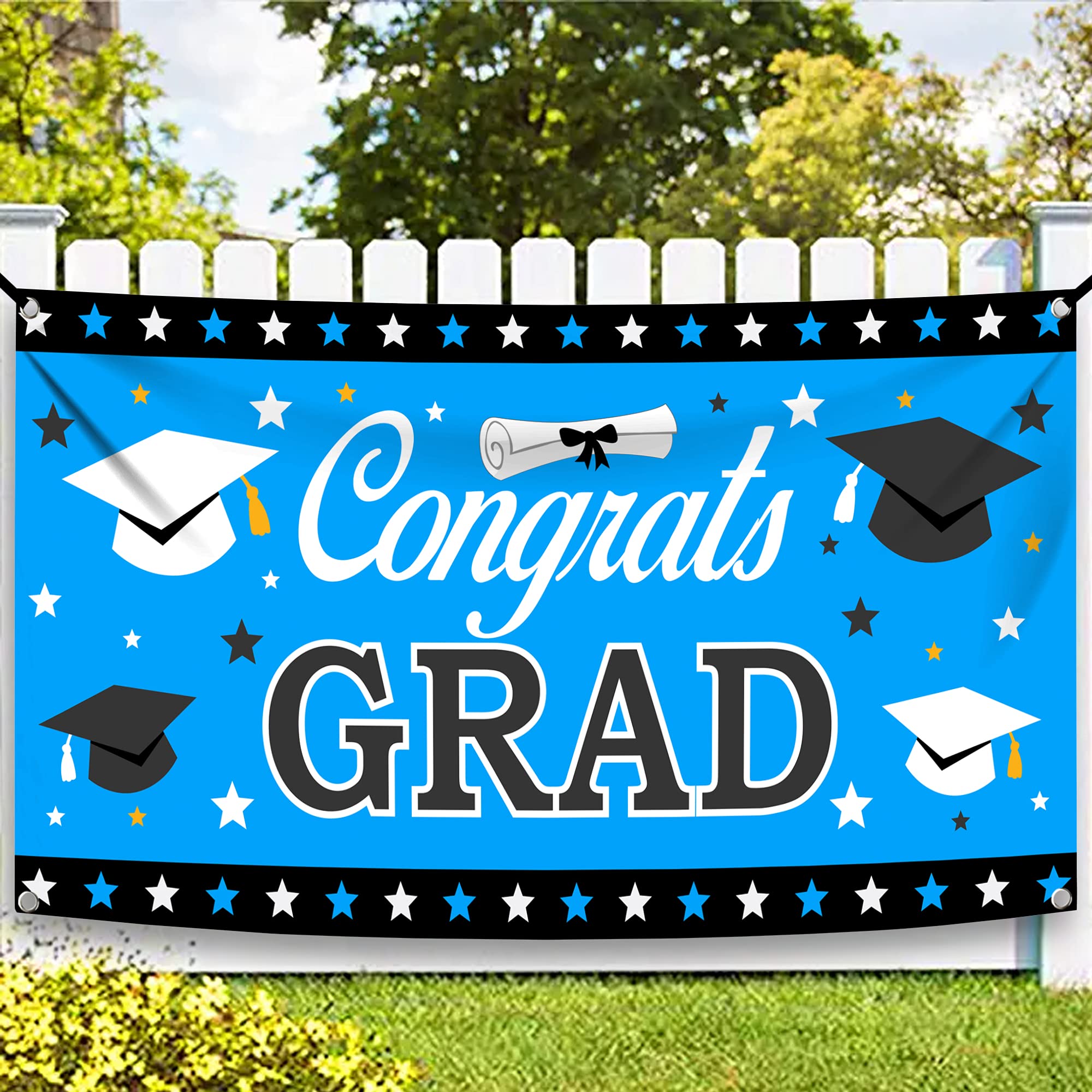 Katchon, Congrats Grad Banner Blue - Xtralarge, 72X44 Inch | Graduation Banner Blue And White For 2024 Graduation Party Decorati