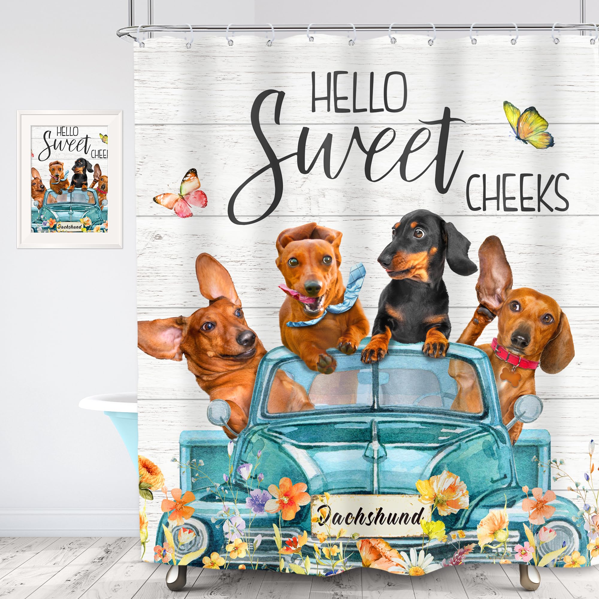 Svbright Funny Dog Shower Curtain 60Wx72L Inch Kids Farmhouse Spring Floral Cute Animal Puppy Rustic Flower Blue Truck Wooden Pl