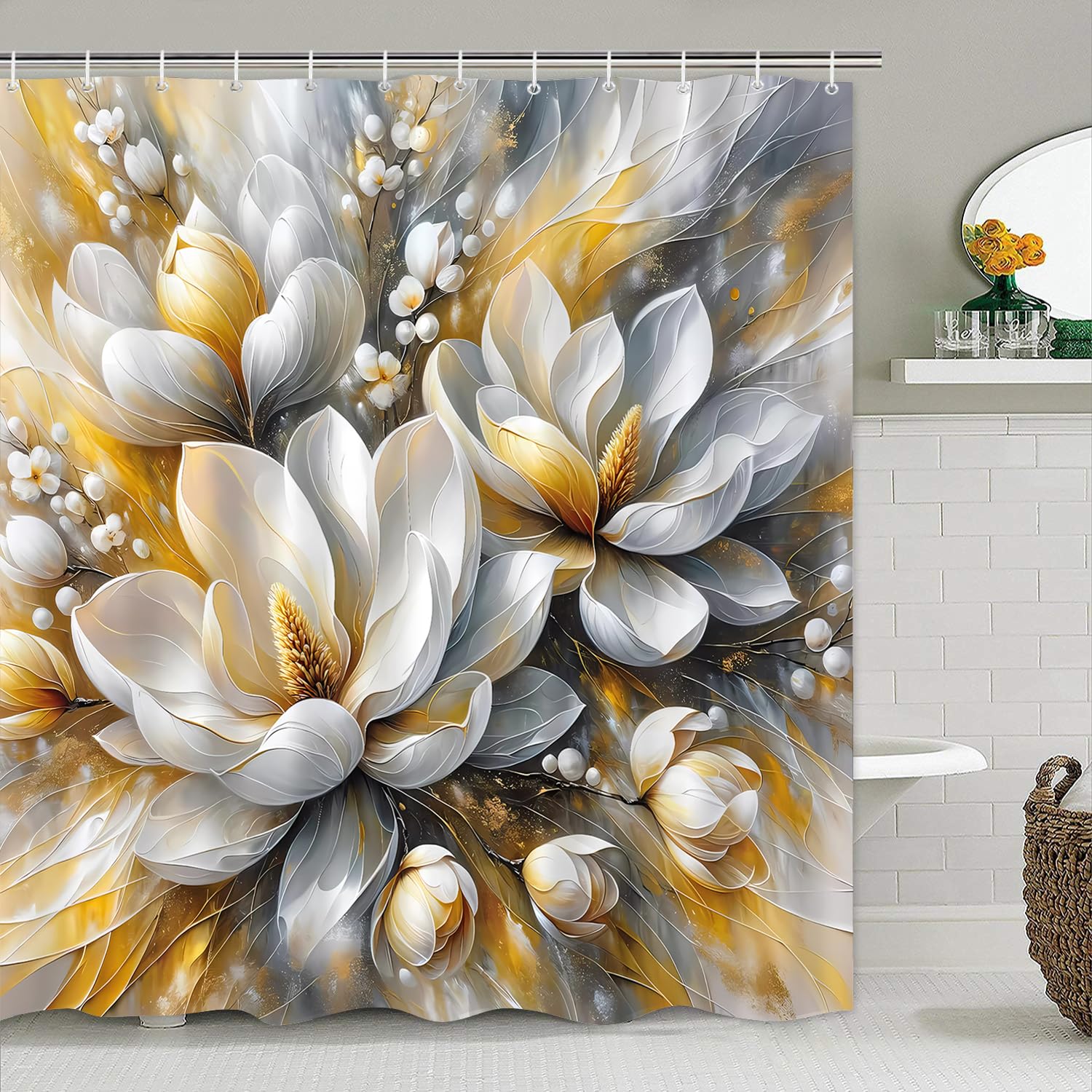 Pretyw 4-Piece Magnolia Flowers Shower Curtain Set Dreamy Beauty Bathroom Set With Shower Curtain And Rugs, Gold White And Gray