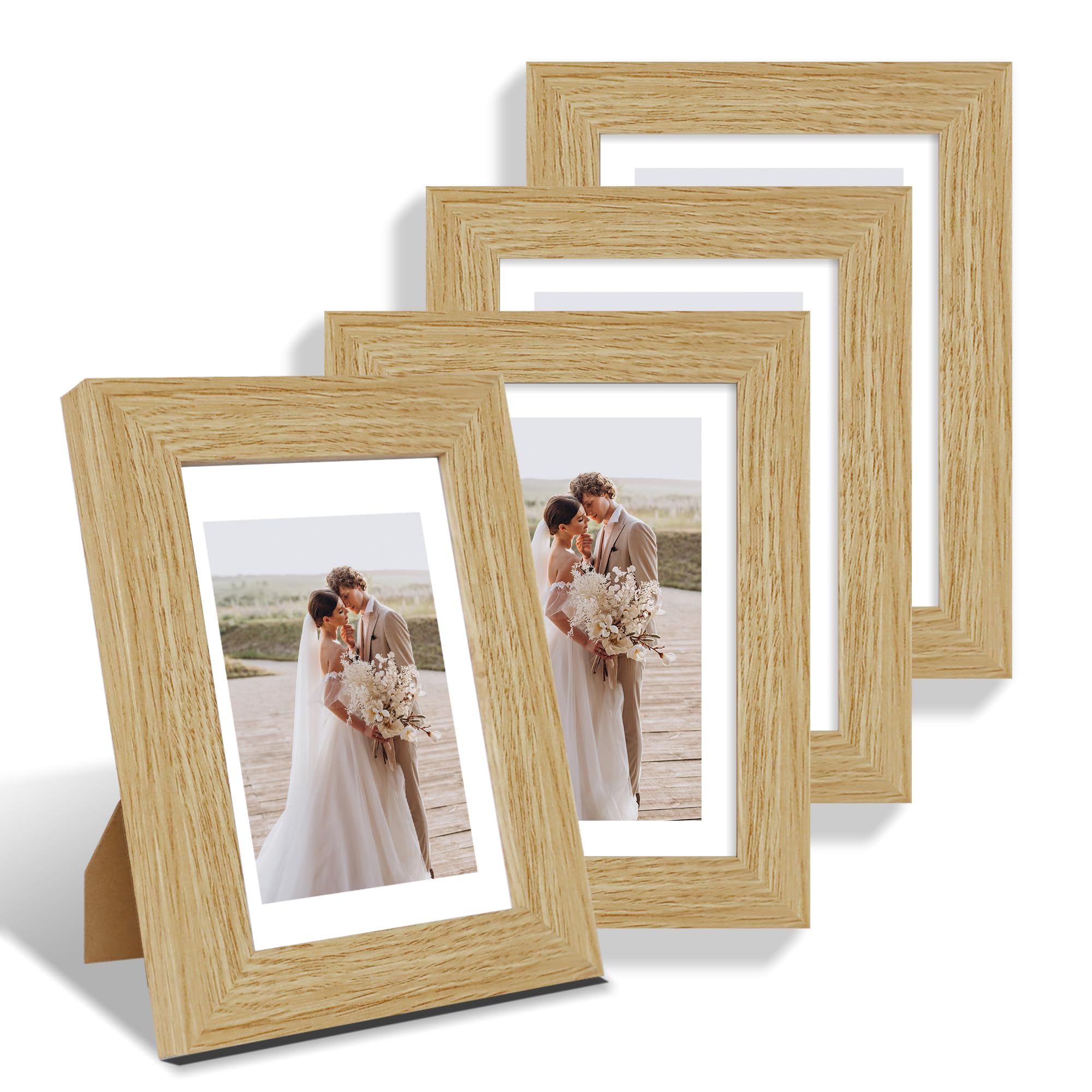 Hongkee 5x7 Picture Frame Set of 4, Made of Real Glass and Natural Oak Wooden Frame, 5 by 7 Photo for Wall or Tabletop - Display
