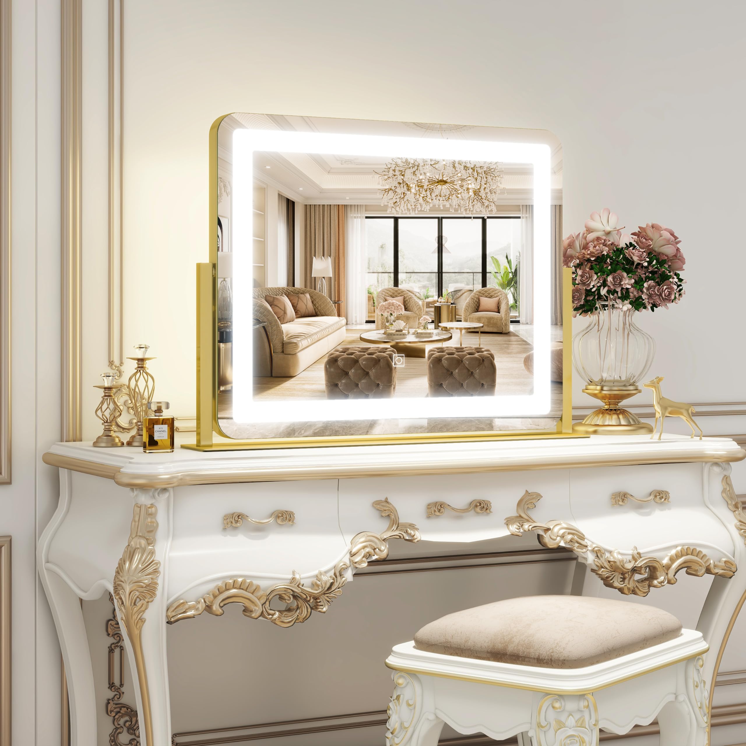 Rolove Gold Vanity Mirror With Lights - Smart Touch Dimming, 3-Color Lighting, 360 Rotatable Desktop Makeup Mirror For Desk, 22X