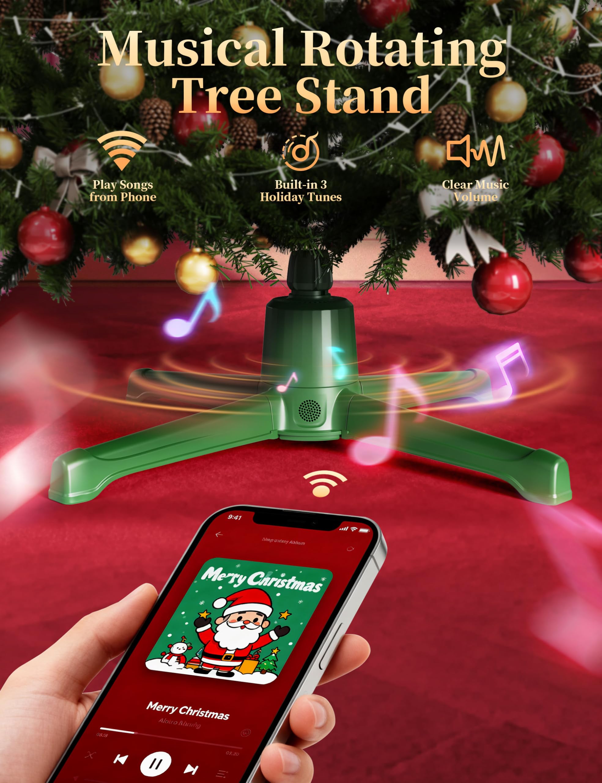 HOPOCO Musical Rotating Christmas Tree Stand with Remote, Anti-Tilt Noiseless 360-Degree Spinning Tree Stand Base with Speaker &