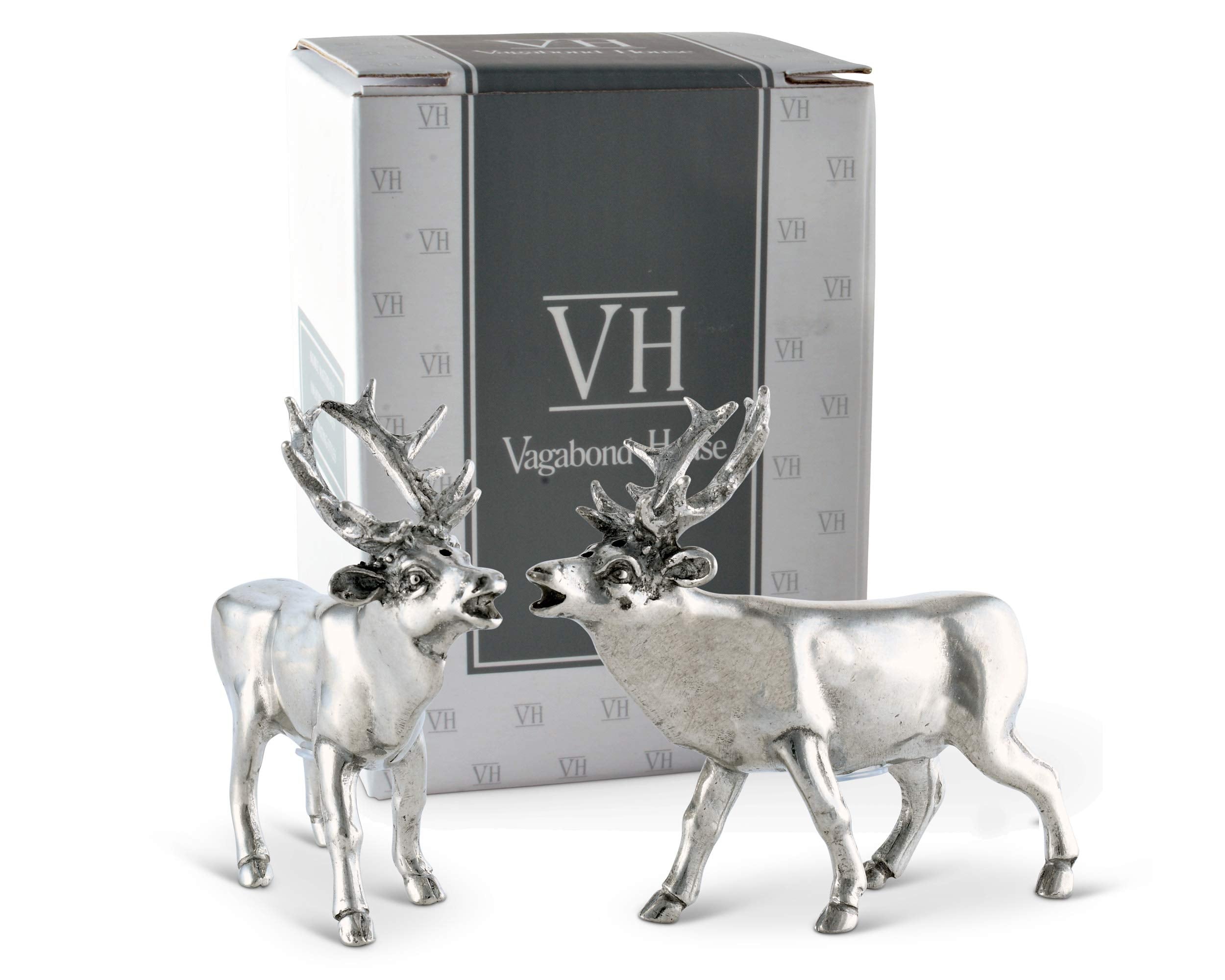 Vagabond House Pewter Deer/Elk Salt And Pepper Shakers Set Artisan Designer Handcrafted For Cabin Lodge Mountain D  Cor 4.5 Inch