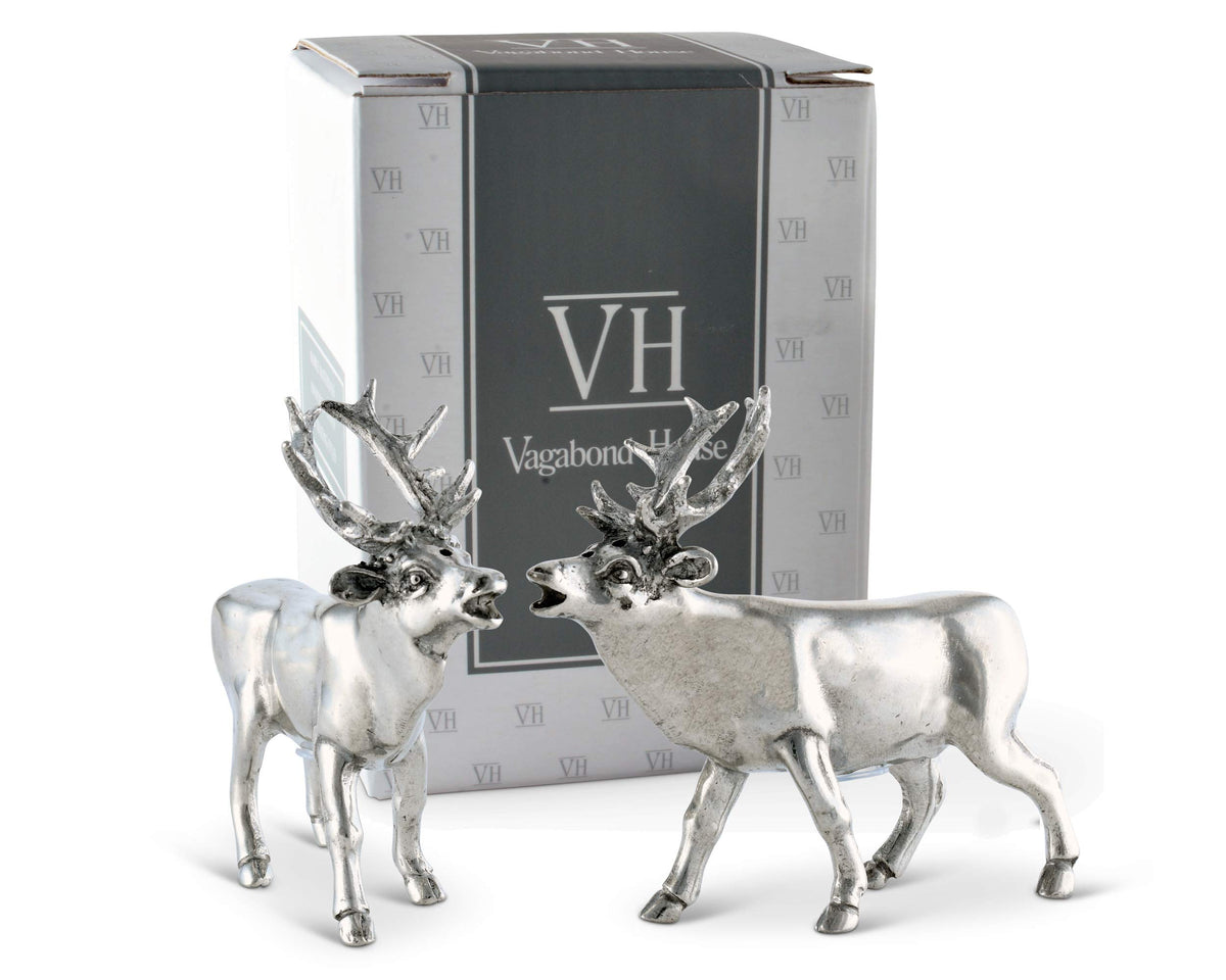 Vagabond House Pewter Deer/Elk Salt And Pepper Shakers Set Artisan Designer Handcrafted For Cabin Lodge Mountain D  Cor 4.5 Inch