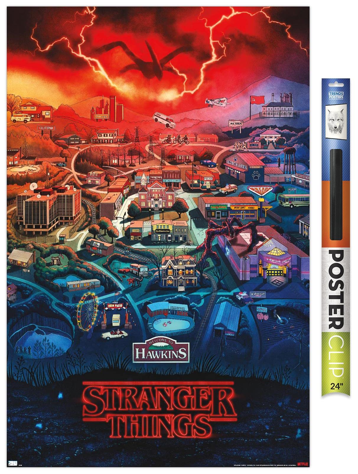 Trends International Netflix Stranger Things: Season 4 - Hawkins, Indiana Wall Poster, 22.375'' X 34'', Poster & Clip Bundle