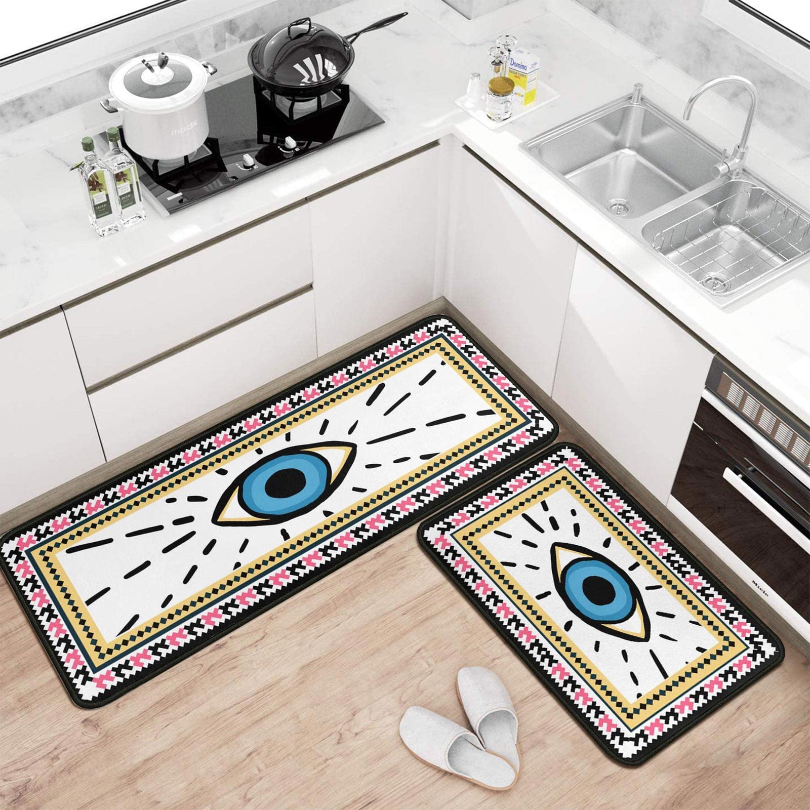 Evil Eye Kitchen Rugs Set Of 2 Boho Non-Slip Kitchen Rug And Mat Cushioned Kitchen Runner Rug Carpets For Floor Bedroom Farmhous