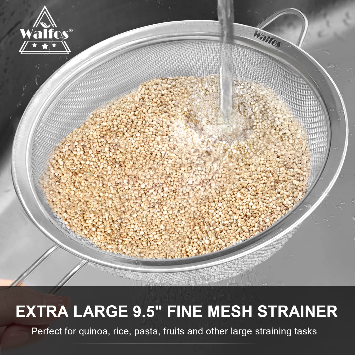 Walfos Large Fine Mesh Strainer 9.5'' & 8'', Stainless Steel Mesh Sieve With Sturdy Handle, Kitchen Metal Food Strainers For Qui