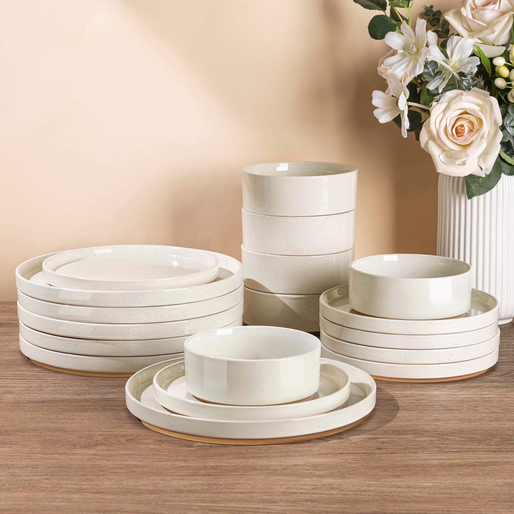 AmorArc Ceramic Dinnerware Set for 6 | Speckled Stoneware Plates and Bowls with Rustic Terracotta Underside| Scratch Resistant,D