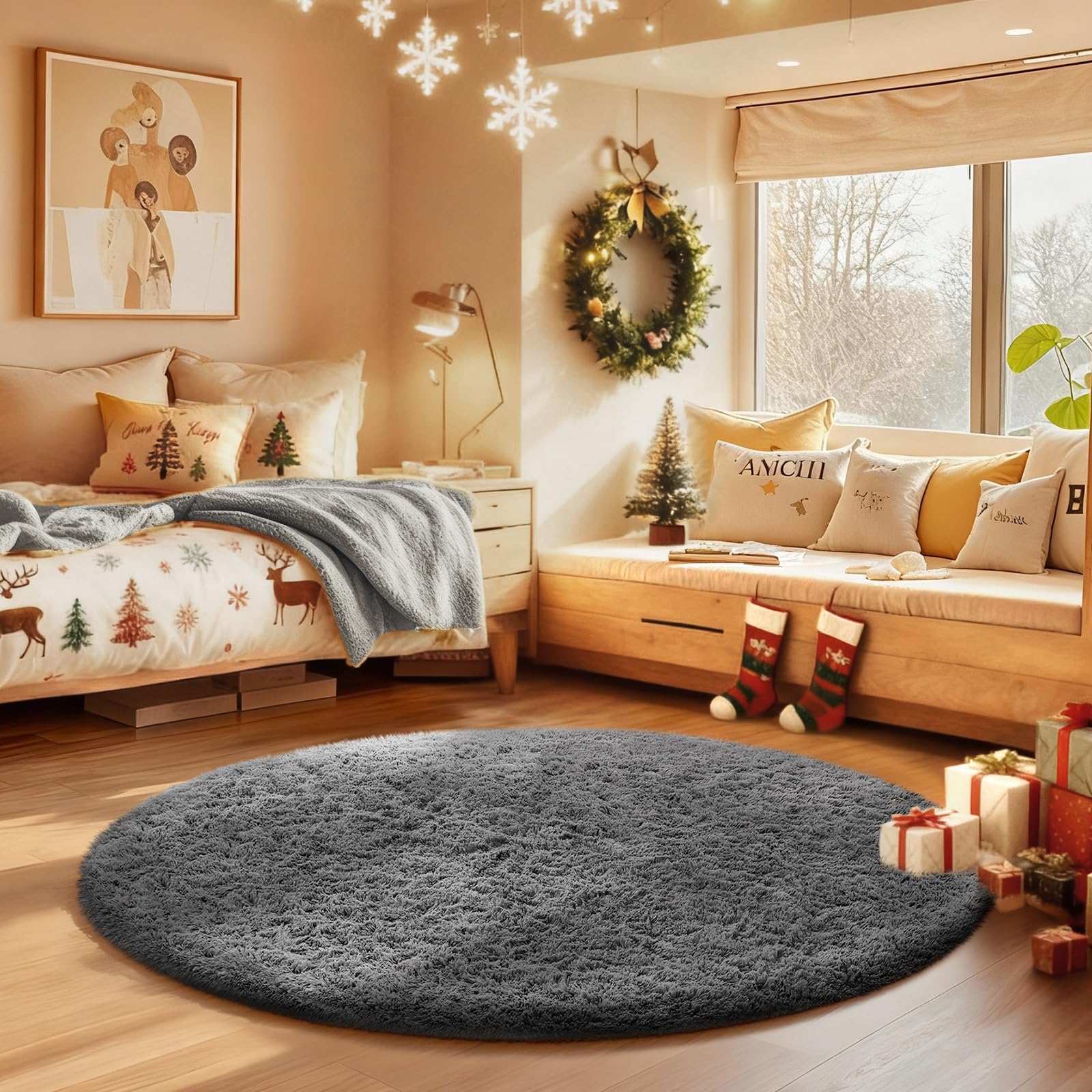 Ophanie Round Rugs 3Ft Grey Circle Area Rug,Christmas Room Decor, Aesthetic Nursery Bedroom Carpet, Fluffy Fuzzy Plush Soft Shag