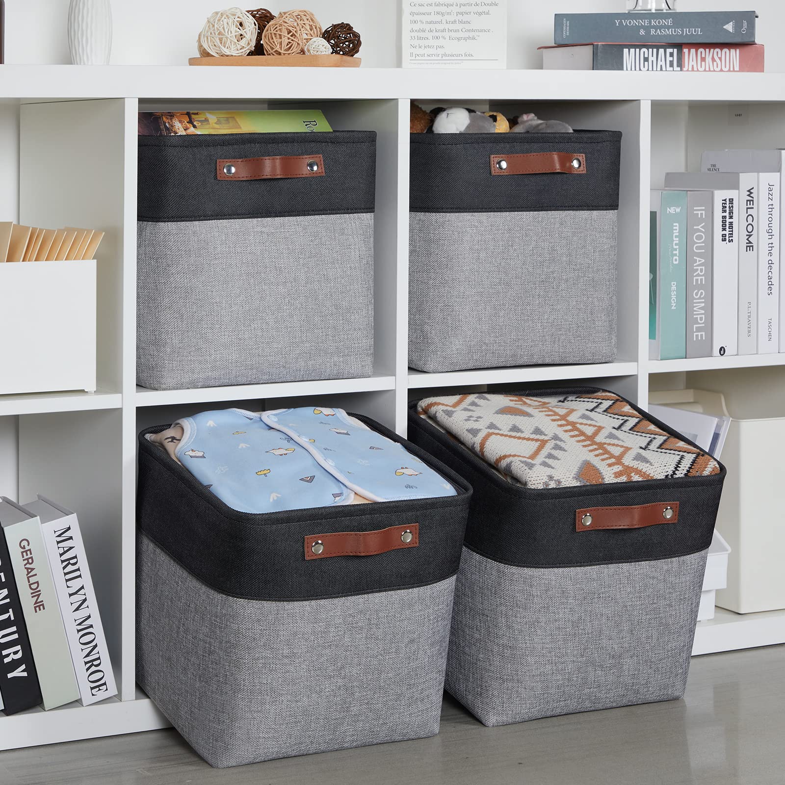 HNZIGE Decorative Storage Basket(4 Pack ) Linen Cube Storage Baskets for Organizing Toys Books Towels Blankets 12x12 Baskets for Storage Clothes with Handles(Black&Grey)