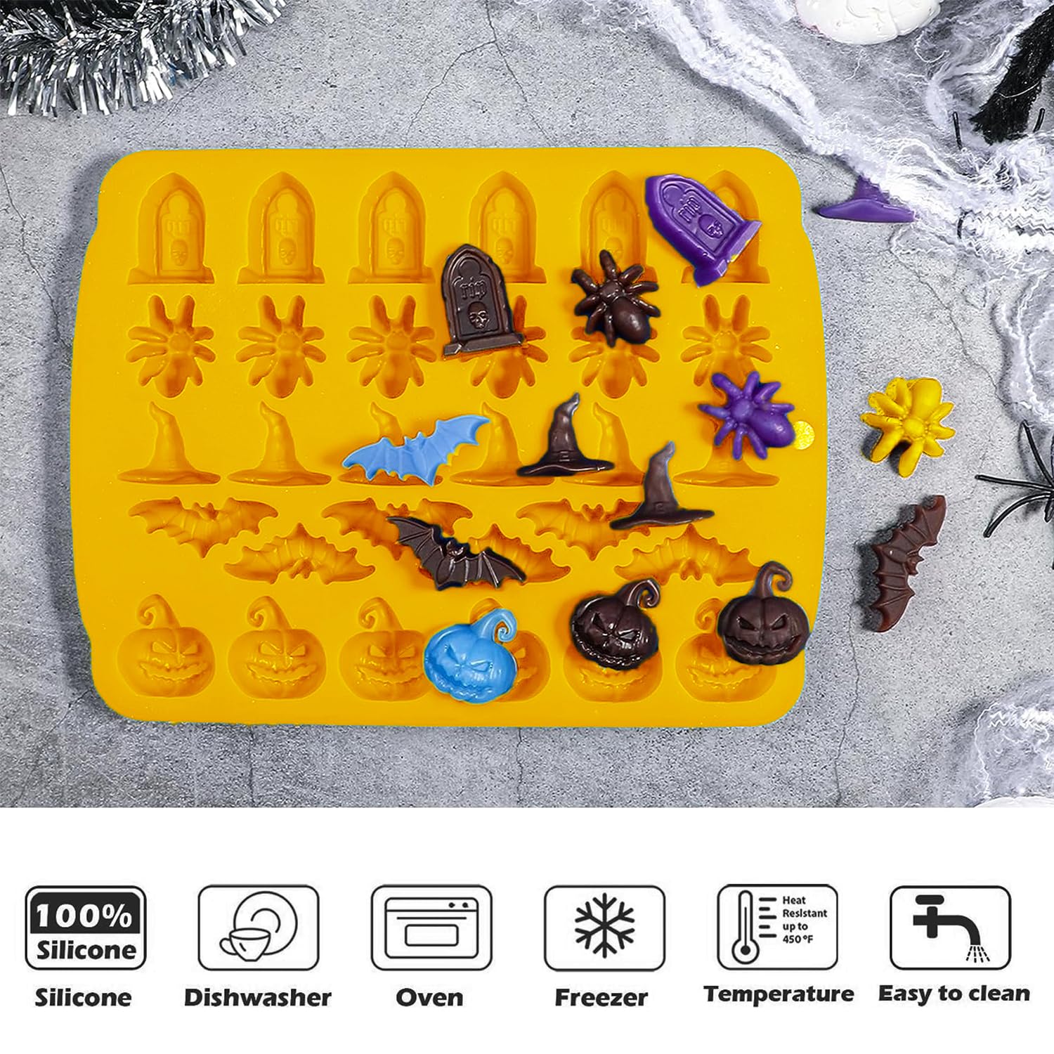 Rominvic Halloween Chocolate Mold Silicone,30 Cavity Candy Gummy Mold With Pumpkin Wizard Hat Bat Spider Tombstone For Baking Ch