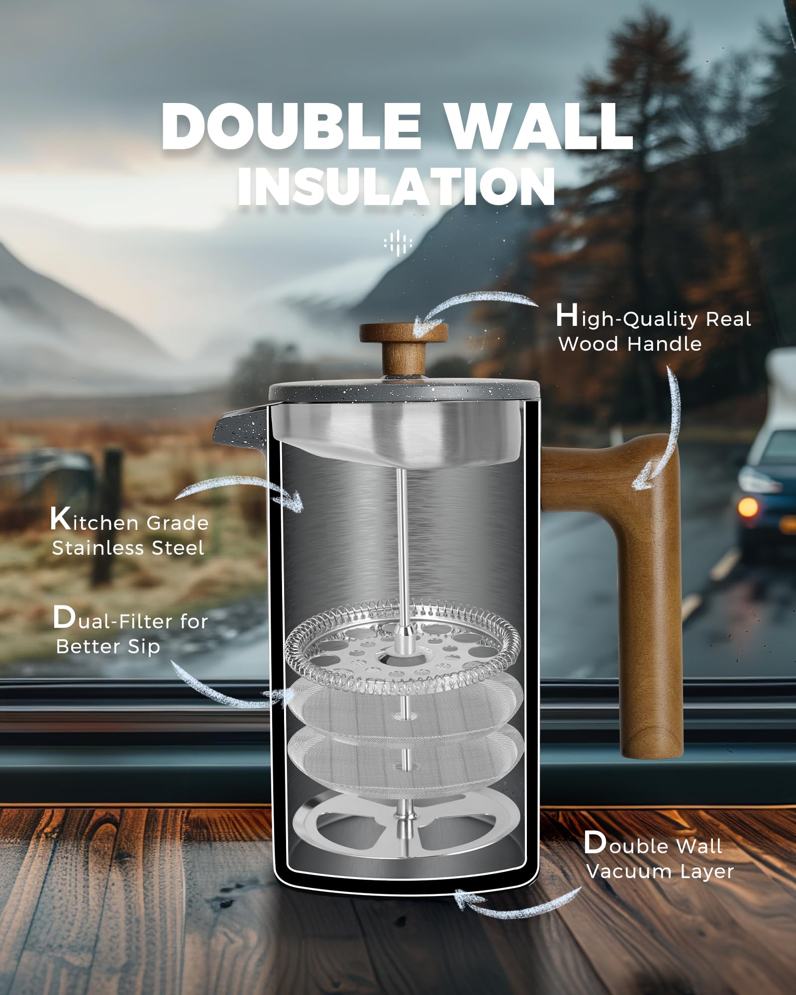 POLIVIAR French Press Coffee Maker  34 Ounce Coffee Press with Real Wood Handle  Double Wall Insulation & Dual-Filter Screen  Food Grade Stainless Steel for Good Coffee and Tea (Lava)