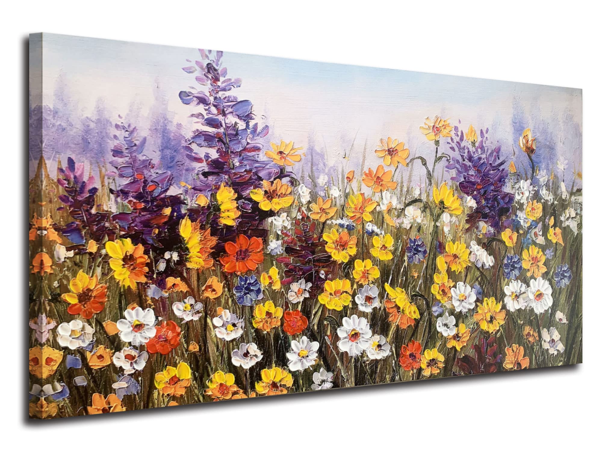 Ardemy Flowers Wall Art Canvas Daisy Colorful 3D Textured Picture Landscape Wildflowers Painting, Purple Yellow Floral Artwork L