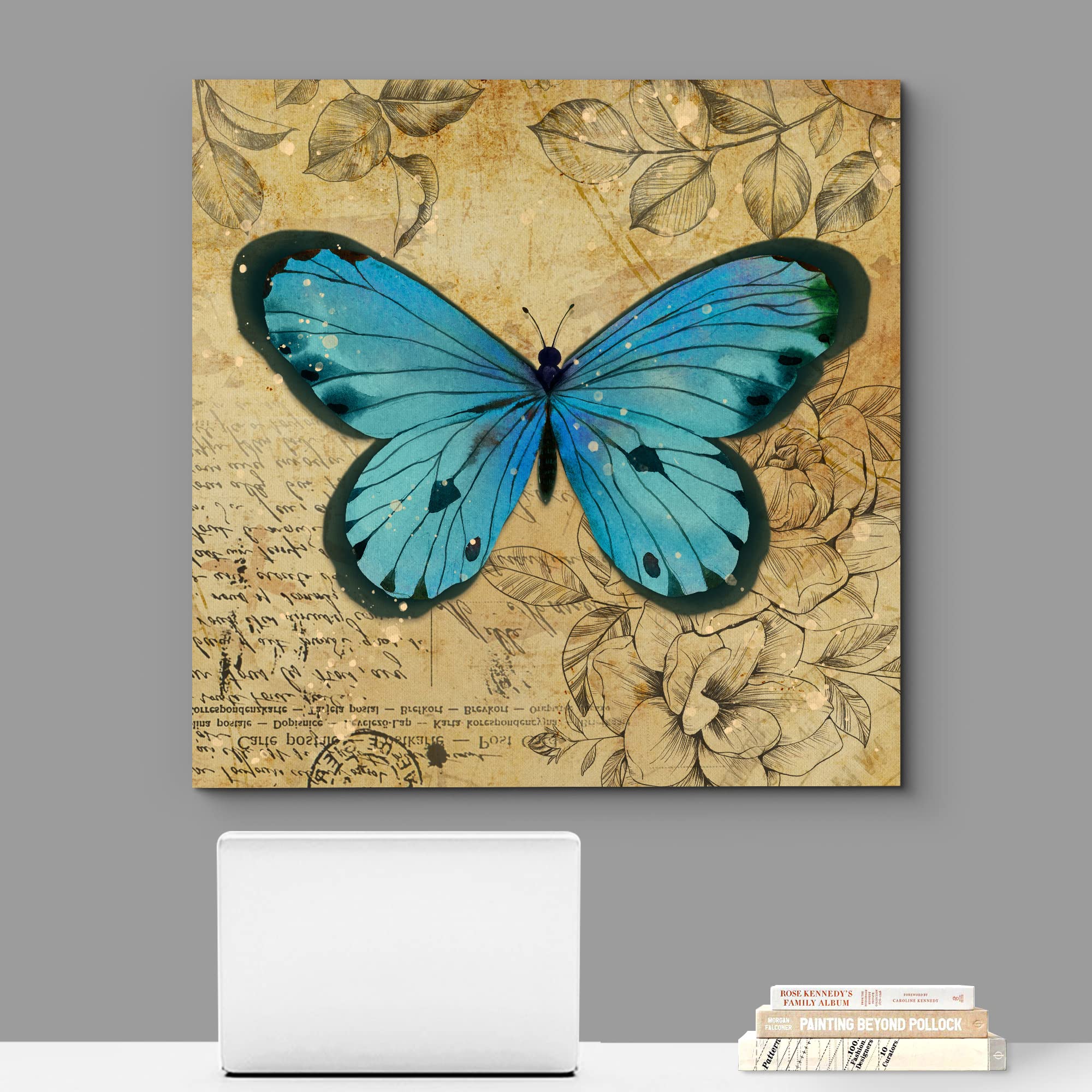 Wall26 Canvas Print Wall Art Teal Blue Butterfly Floral Pattern Nature Wilderness Rustic Modern Art Farmhouse Decorative Animals