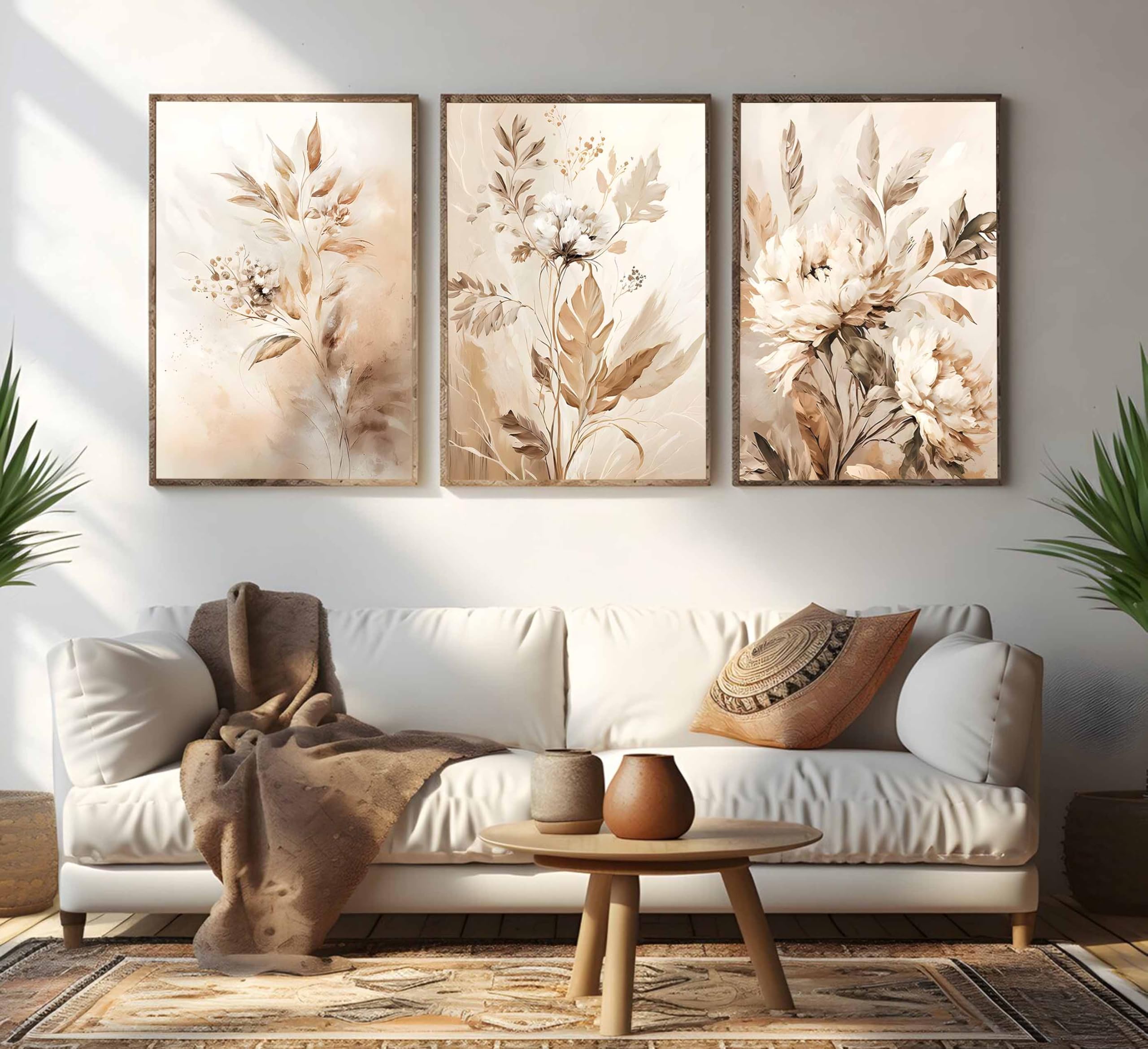 3 Pcs Beige Neutral Flower Canvas Wall Art Wildflowers Floral Botanical Painting Picture Wall Decor Poster Print Artwork For Bed