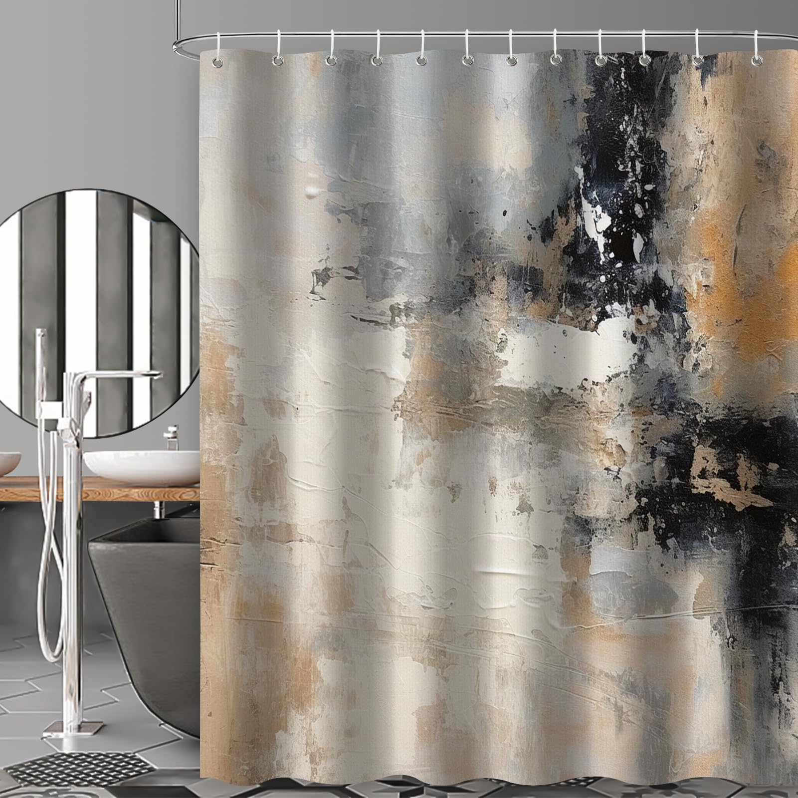 Tiyaandsy Oil Painting Abstract Shower Curtain For Bathroom, Brown Black Grey White Reflection Boho Shower Curtain Set, Brush St