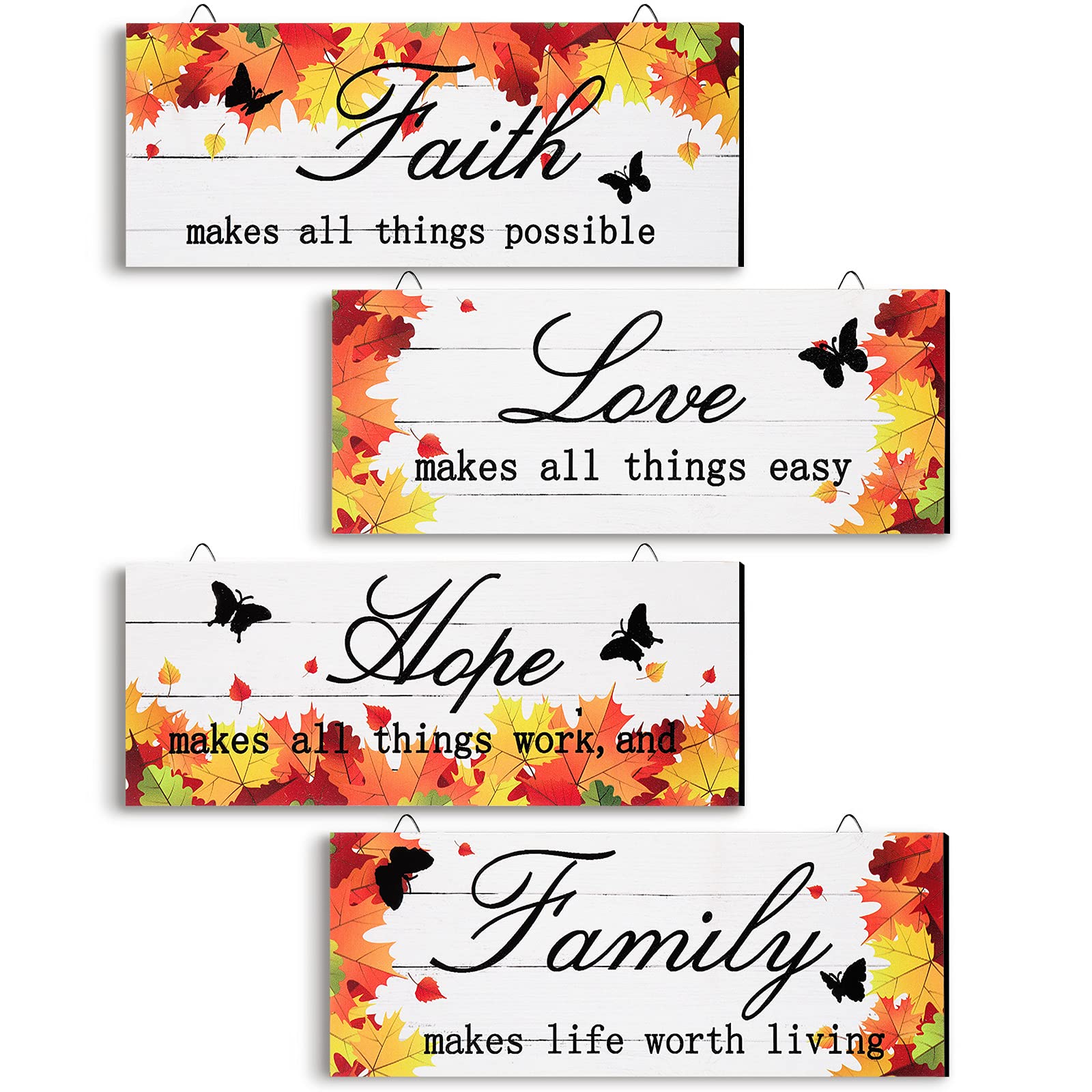 4 Pieces Thanksgiving Fall Door Decoration Maple Door Plaque Faith Hope Family Wood Sign Maple Leaf Hanging Sign Rustic Farmhous
