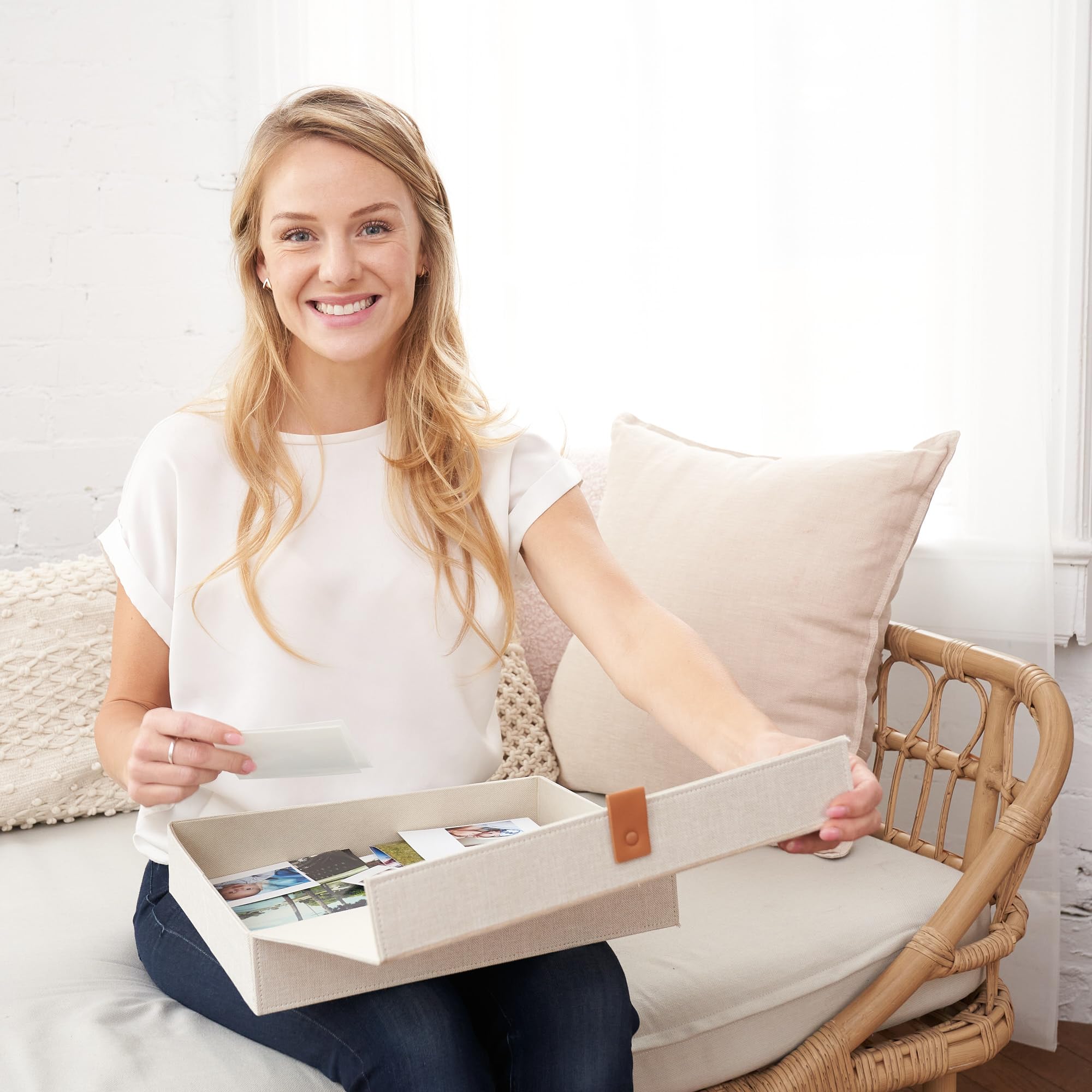 Decorative Photo Storage Boxes With Lids - Set Of 2 Beautiful Linen Organizers Are Perfect To Safely Store Your Pictures, Docume