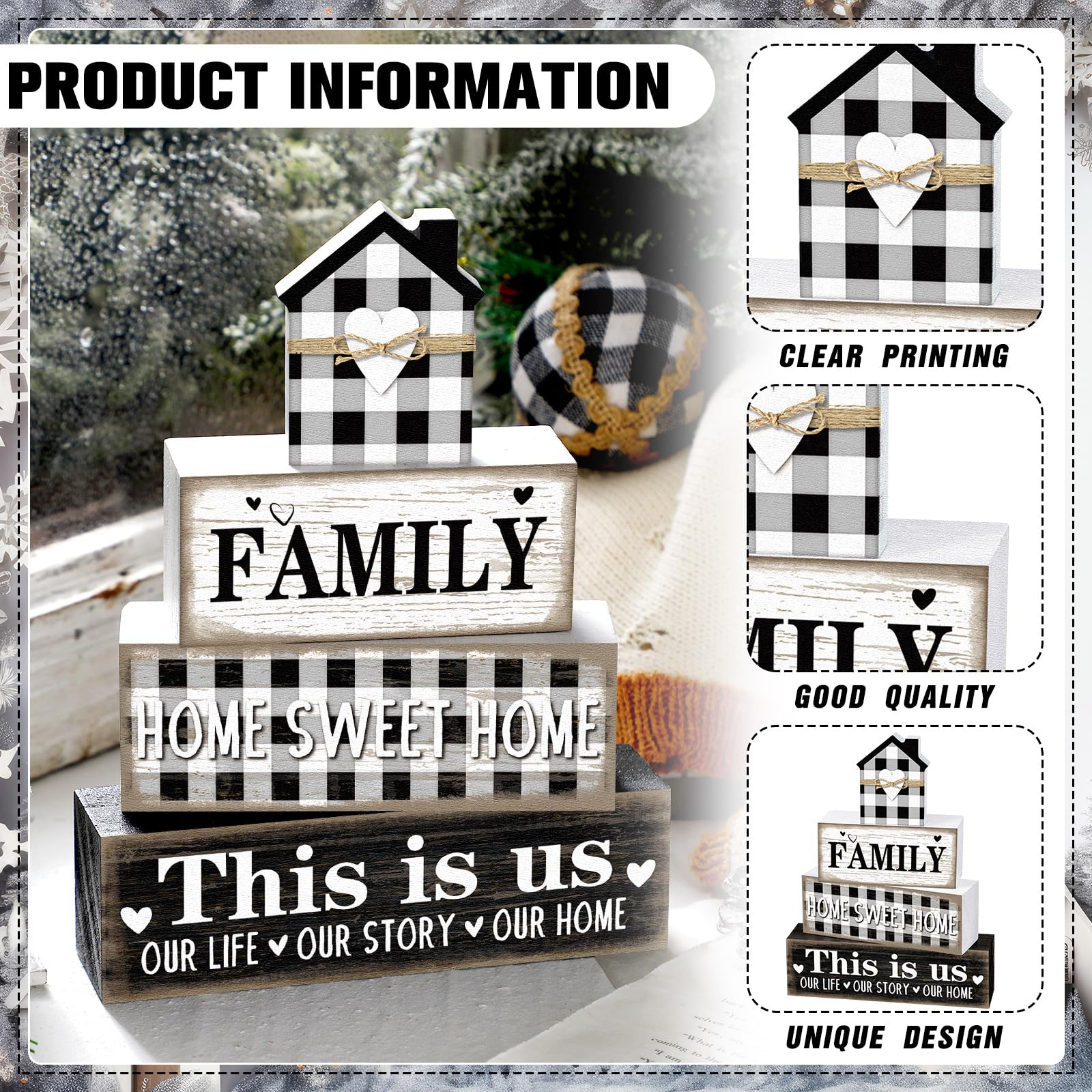 Cinnvoice Farmhouse Wooden Tabletop Decor Rustic Home Sweet Home Table Centerpieces This Is Us Block Sign Black and White Buffal