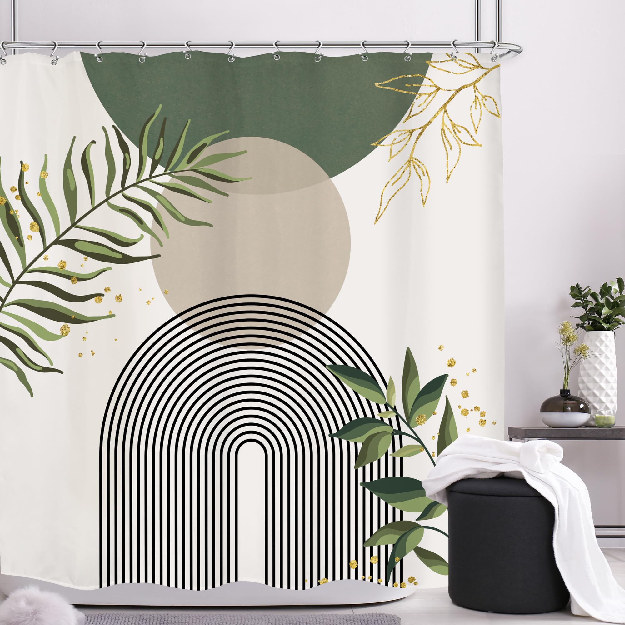 Mitpok Sage Green Boho Mid Century Shower Curtain 72Wx72H Abstract Gold Leaves Grey Modern Sun Arch Minimalist Geometric Aesthet