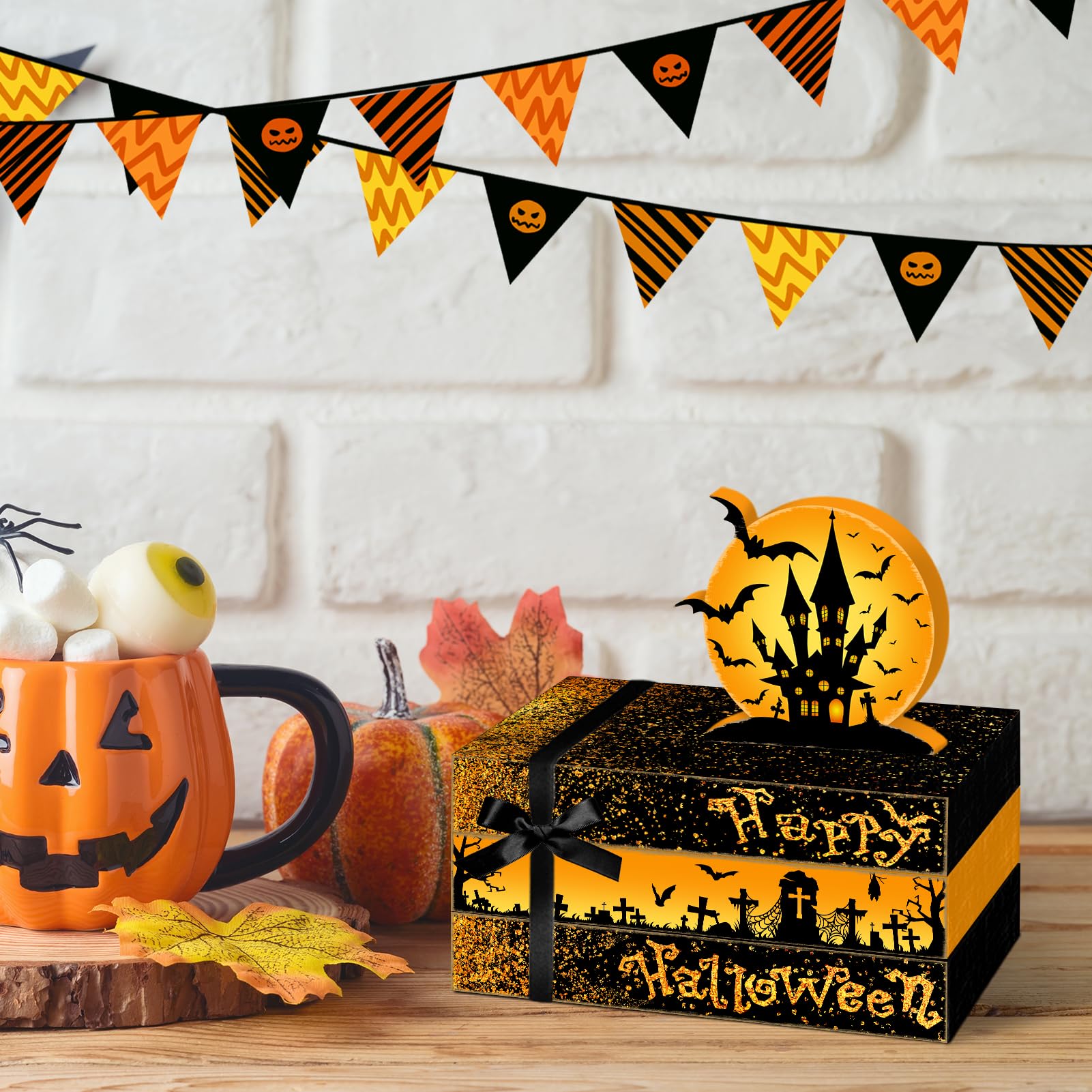 Culudea 4 Pcs Halloween Decorations for Home Castle Table Decor Halloween Bat Wooden Faux Book Stack Sign Tiered Tray Decor Spoo