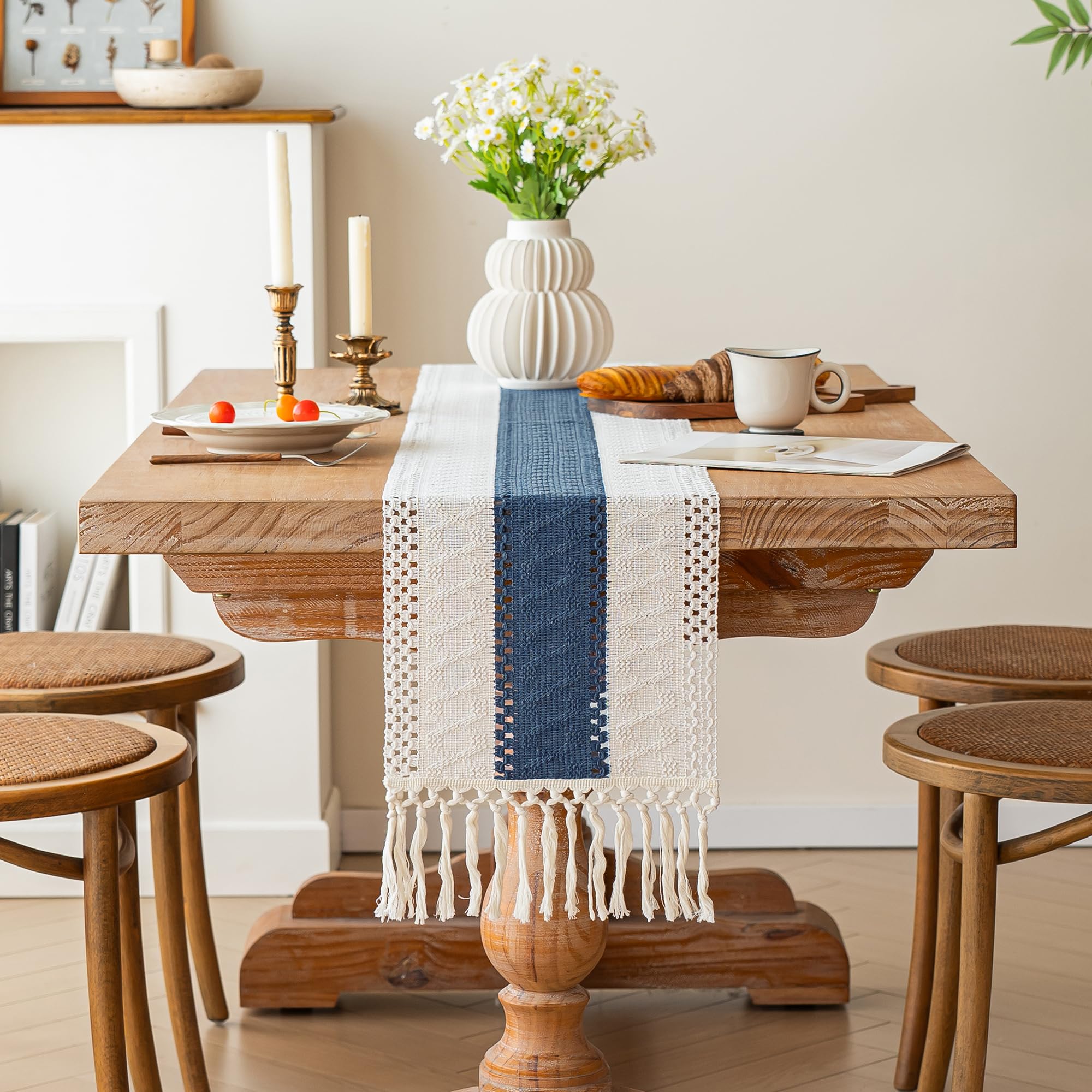 FEXIA Boho Table Runner for Home Decor with Tassels 60 Inches Long,Blue Farmhouse Rustic Table Runner Macrame Burlap Table Decor