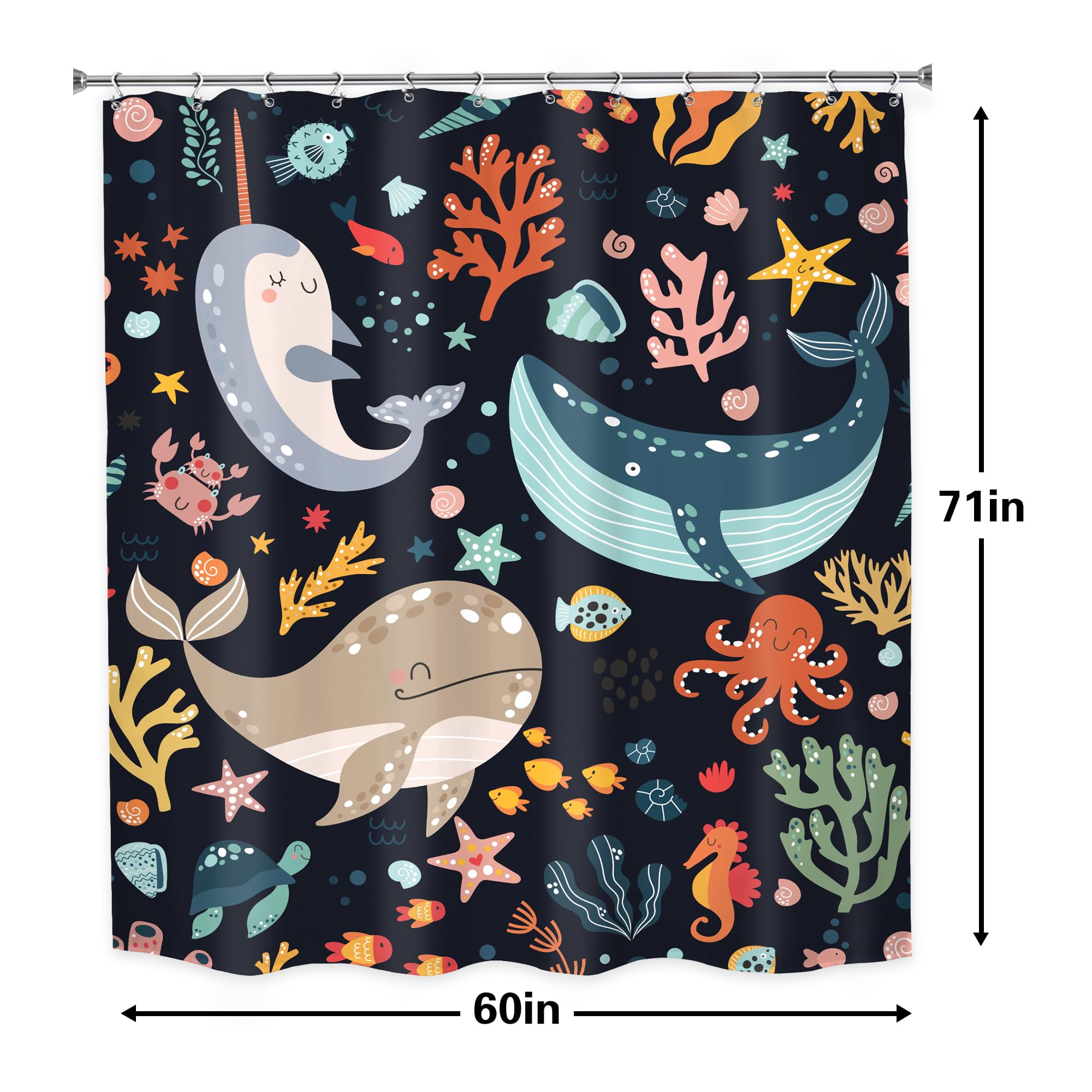 Lghtyro Kids Sea Animal Shower Curtain Bathroom Set 60Wx71H Inches Funny Whale Cute Cartoon Fish Ocean Sealife Coral Starfish Ba