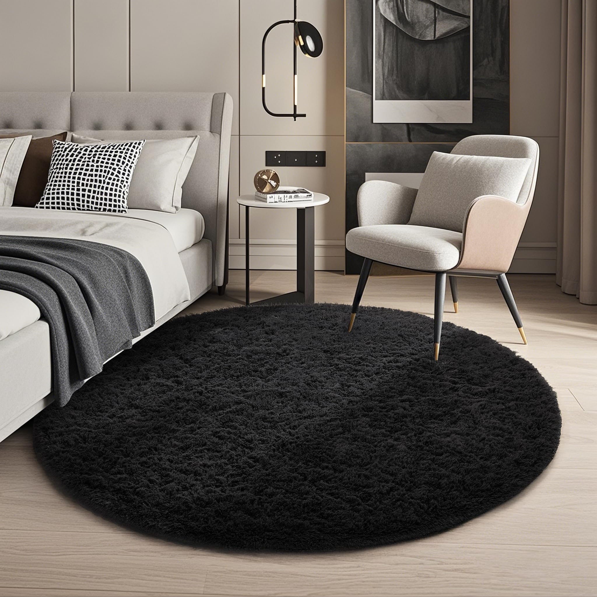 Ophanie Round Rug 4Ft Black Circle Area Rug, Room Decor for Men, Fluffy Fuzzy Bedroom Carpet, Plush Soft Shaggy Living Room Rugs