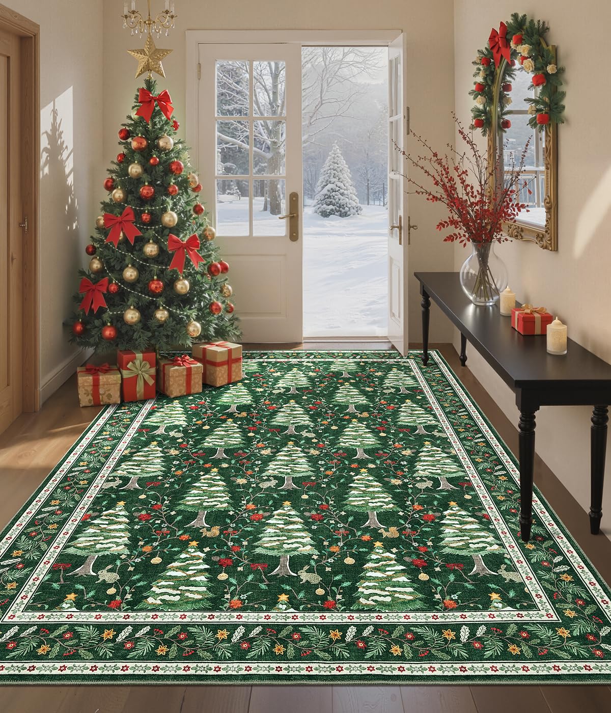 GarveeHome Green 2x6 Christmas Floor Kitchen Runner Rug Non Slip Washable Stain Resistant Christmas Tree Animals Print Holiday D