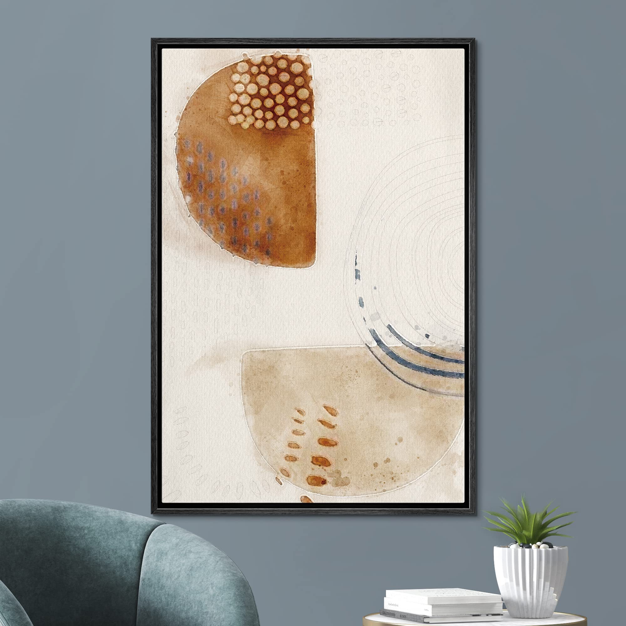 Signford Framed Canvas Wall Art Brown, Biege And White Organic Circles And Lines Geometric Shapes Illustrations Minimalism Moder