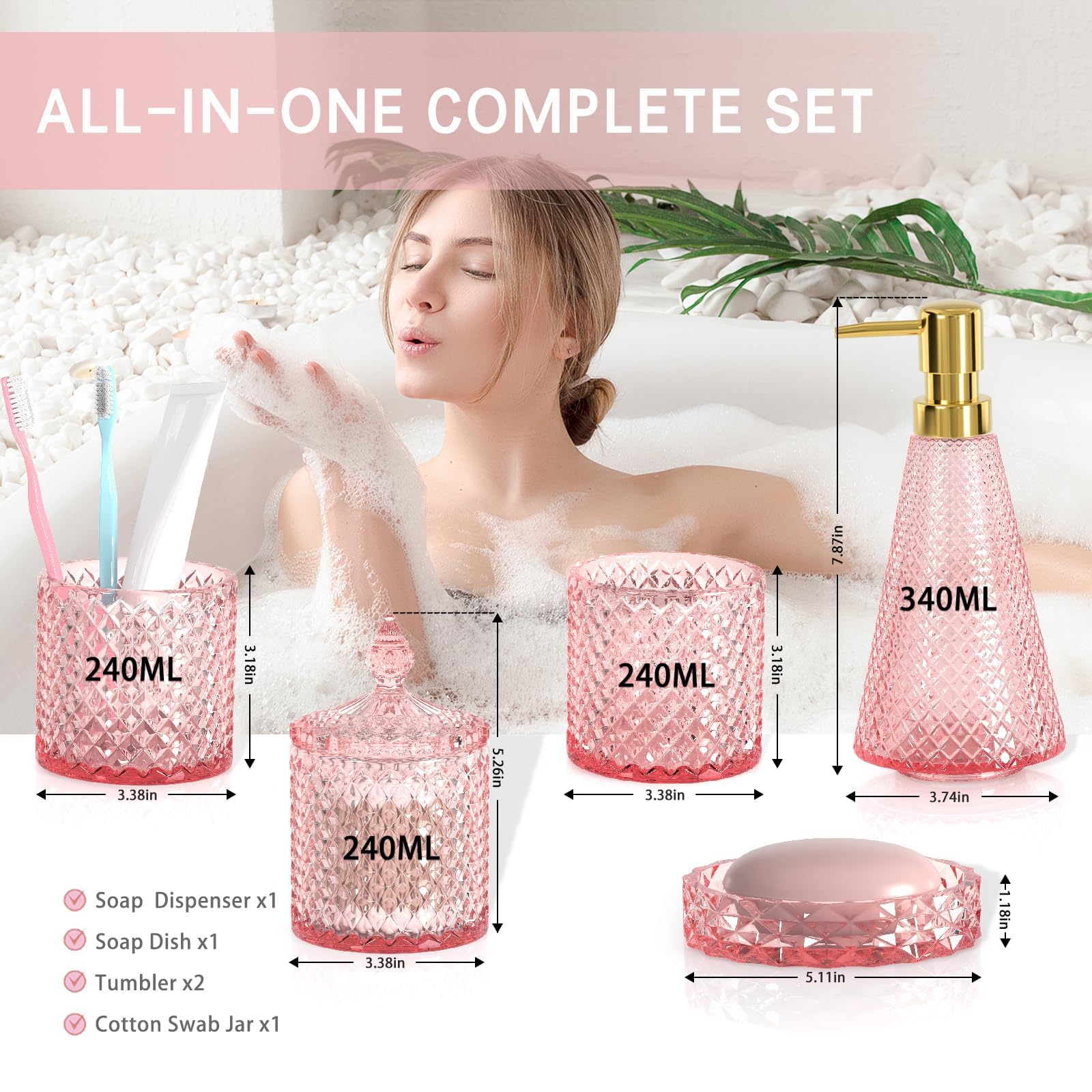 Pink Bathroom Accessories Set, 5 Pcs Premium Glass Bathroom Accessory Set With Vanity Organizer, Lotion Dispenser, Soap Dish, Ba