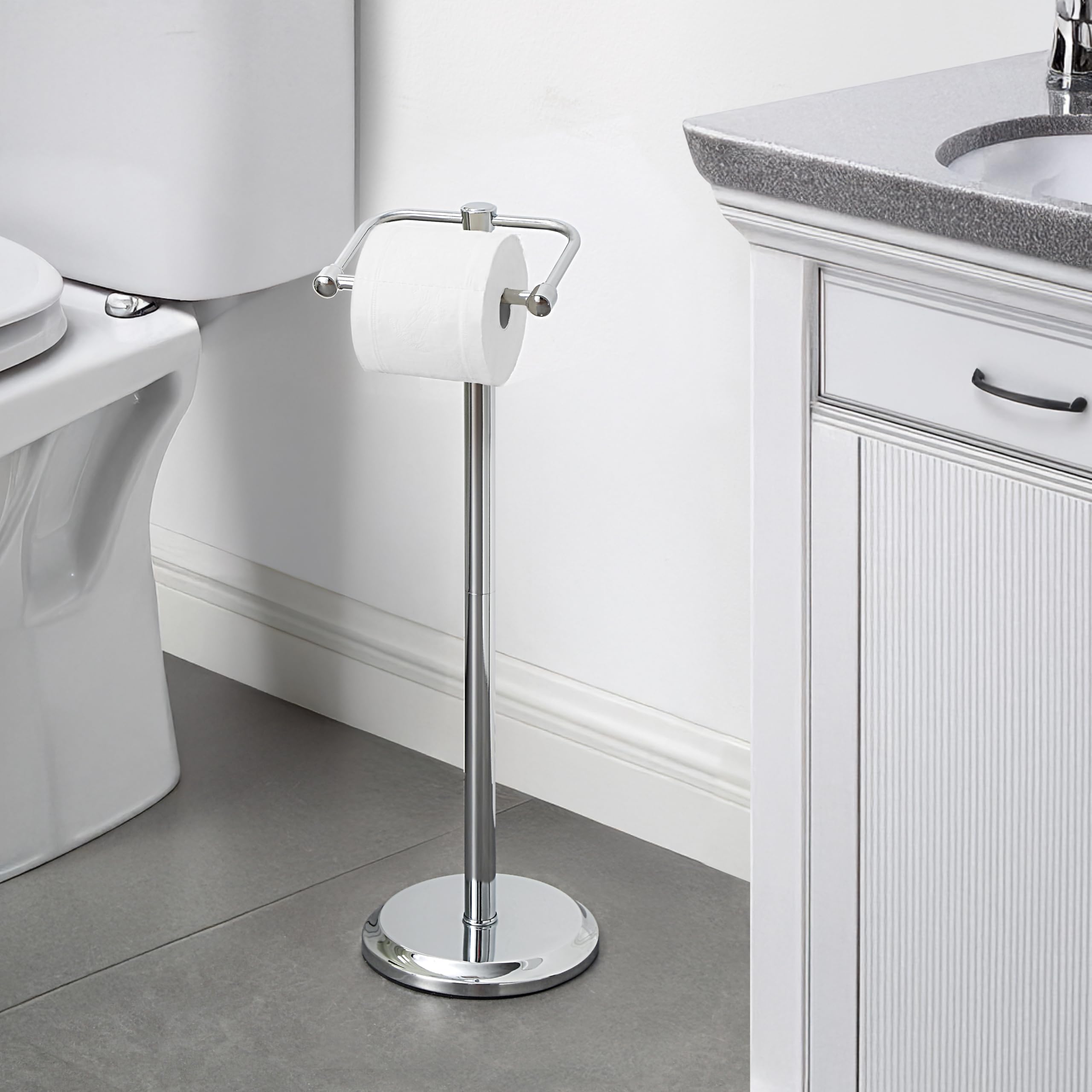 Sunnypoint Free Standing Toilet Paper Holder - Bathroom Tissue Stand With Weighted Base, Holds Jumbo & Standard Rolls (Chrome)