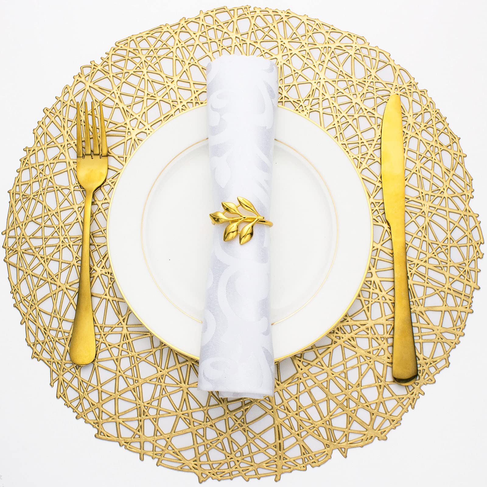 Evevda Gold Round Placemats for Dining Table Set of 6 Metallic Pressed Vinyl Circle Table Mats Wipeable Hollowout Place Mats for