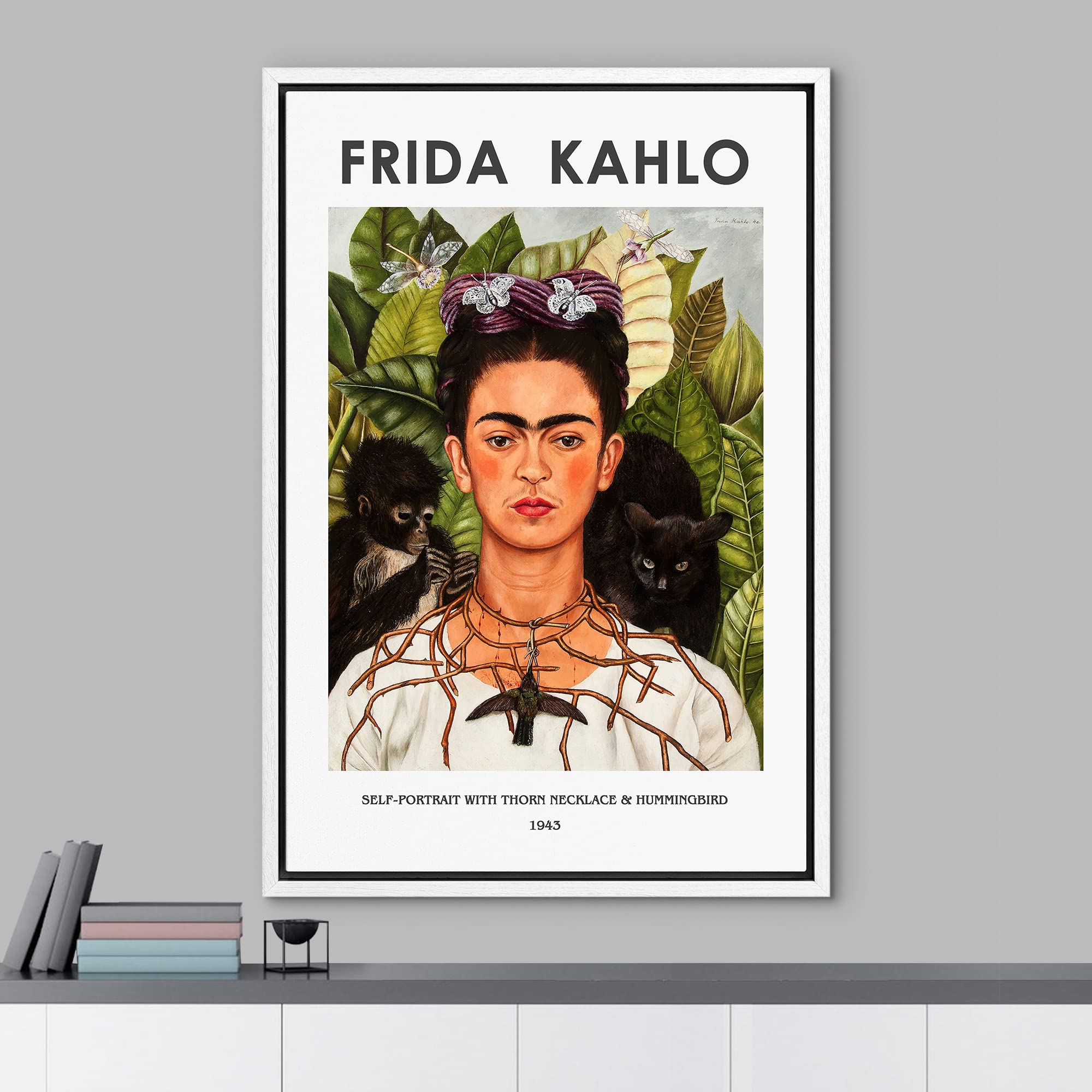 Idea4Wall Framed Canvas Print Wall Art Self Portrait Necklace & Hummingbird By Frida Kahlo Historic Cultural Illustrations Fine