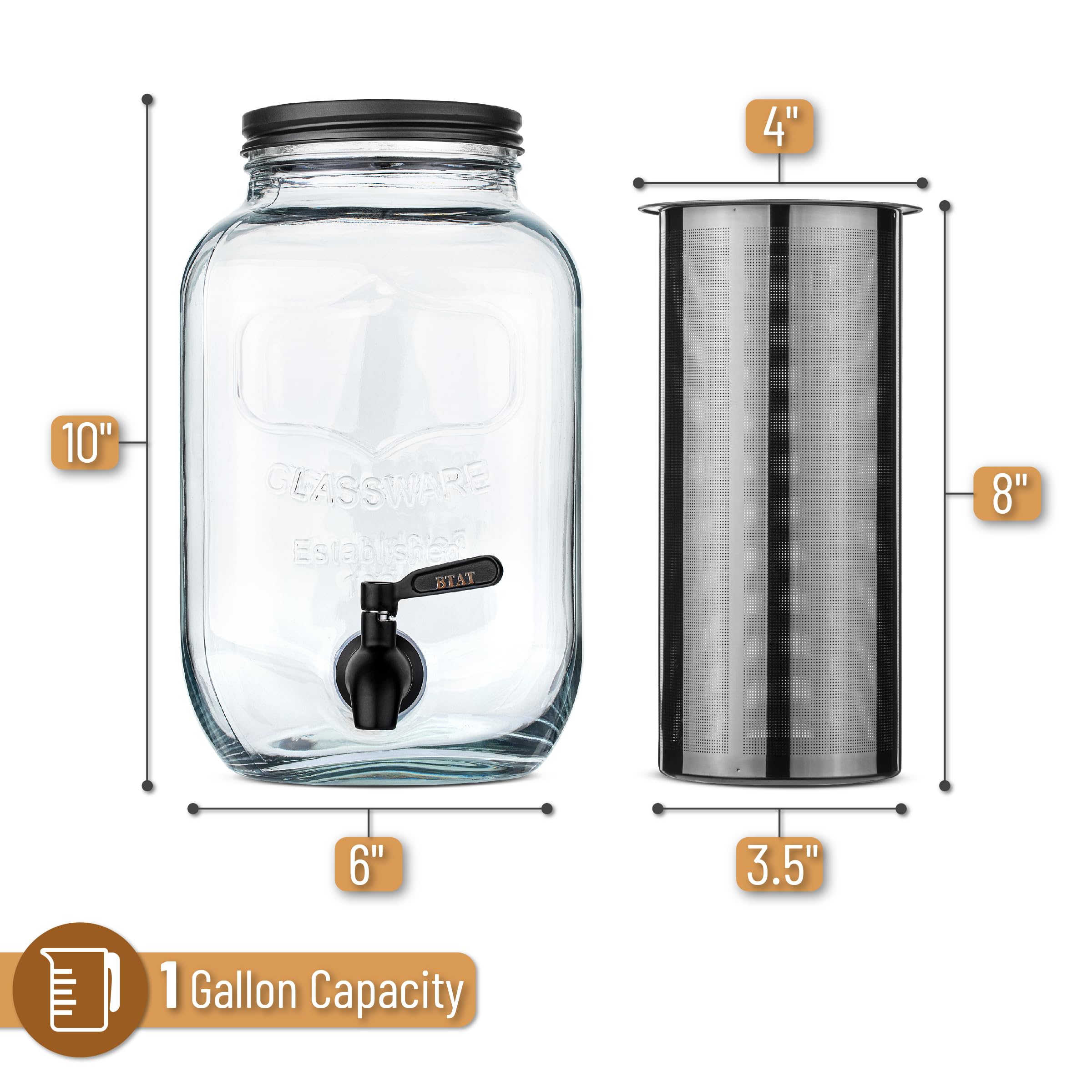 Btat- Cold Brew Coffee Maker, 1 Gallon, Black, Mason Jar Cold Brew Maker, Cold Brewer Coffee Maker, Cold Brew Mason Jar Coffee M