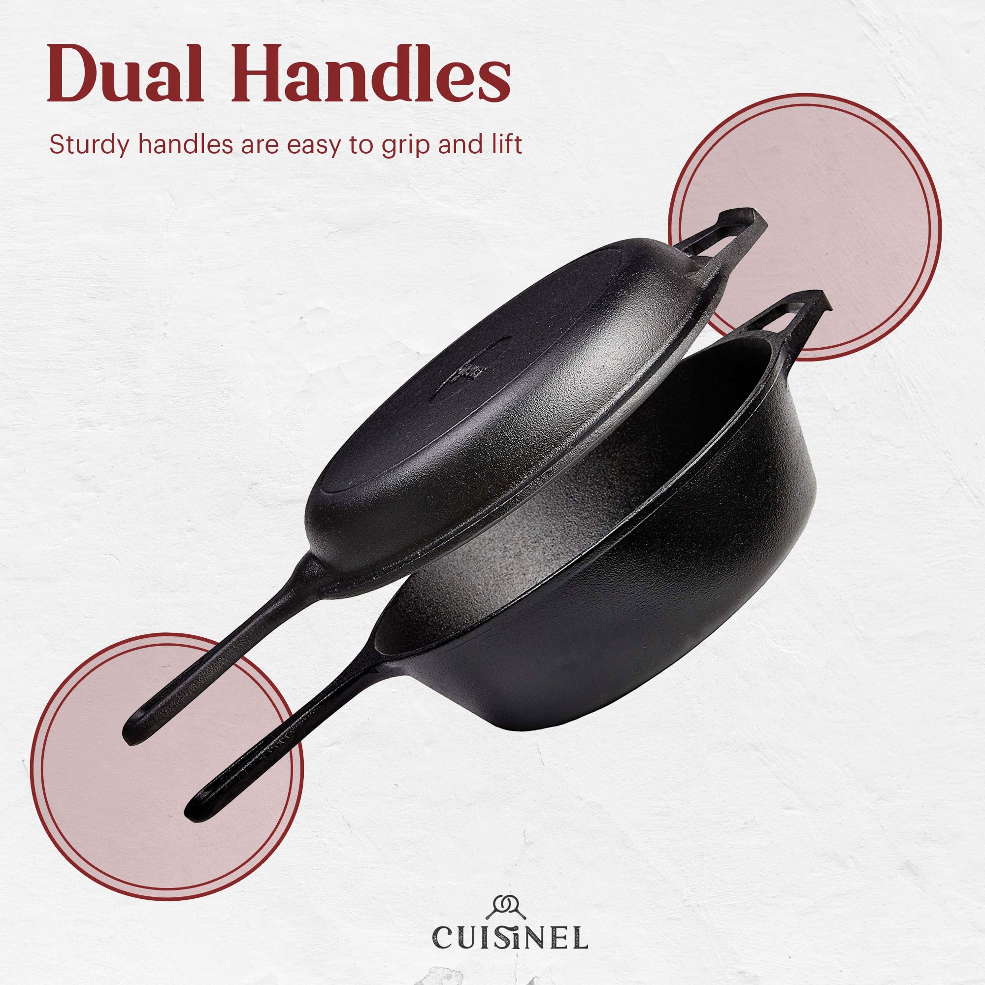 Cuisinel Cast Iron Skillet + Lid - 2-In-1 Multi Cooker - Deep Pot + Frying Pan - 3-Qt Dutch Oven - Pre-Seasoned Oven Cookware -