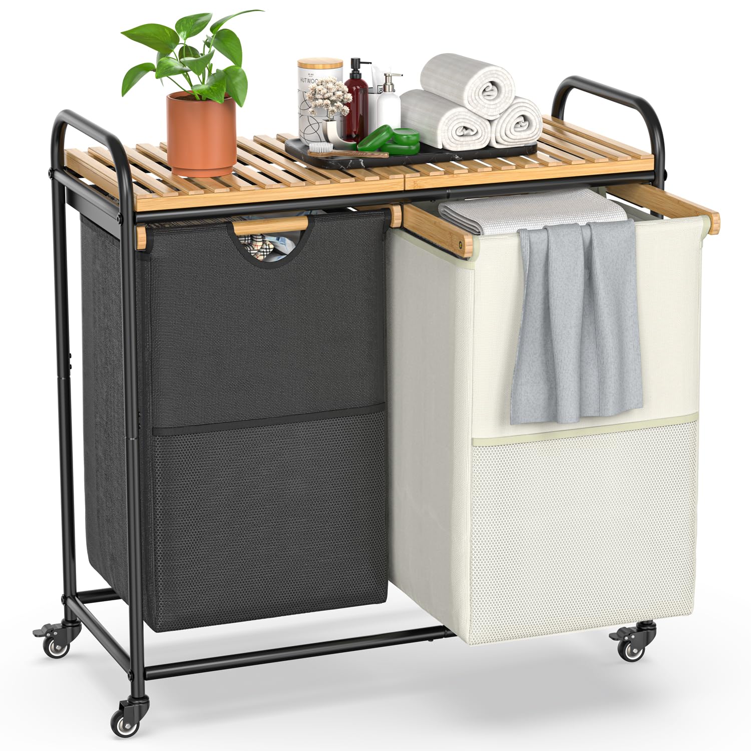 Laundry Hampers 2 Section, Laundry Sorter With Removable Shelf And Pull-Out Bags, Clothes Hampers With Wheels Rolling Cart Baske