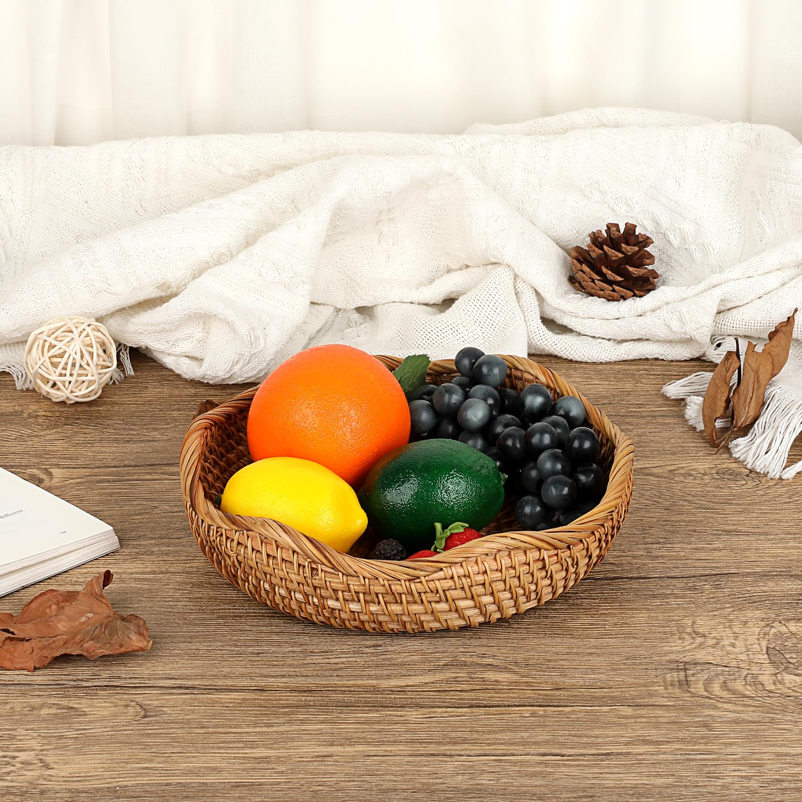 Hipiwe Natural Rattan Tray 8.5 Wicker Storage Bowls Hand Woven Basket Tray for Bread Fruit Key Round Fruit Baskets for Kitchen E